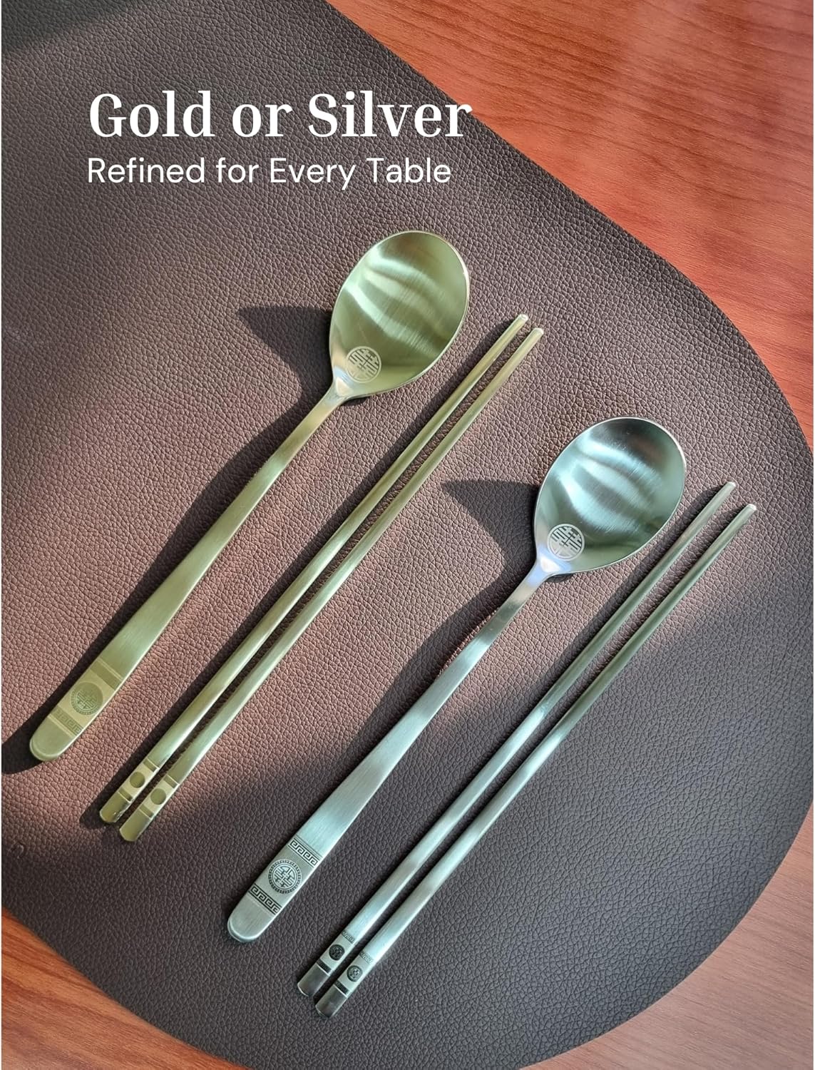 ONGI Korean Spoon and Chopstick 1 Set – Premium 18/10 Titanium Gold – Double Happiness Design – Gift-Ready – Made in Korea – Dishwasher Safe (Hee Pattern Gold 1 Set)