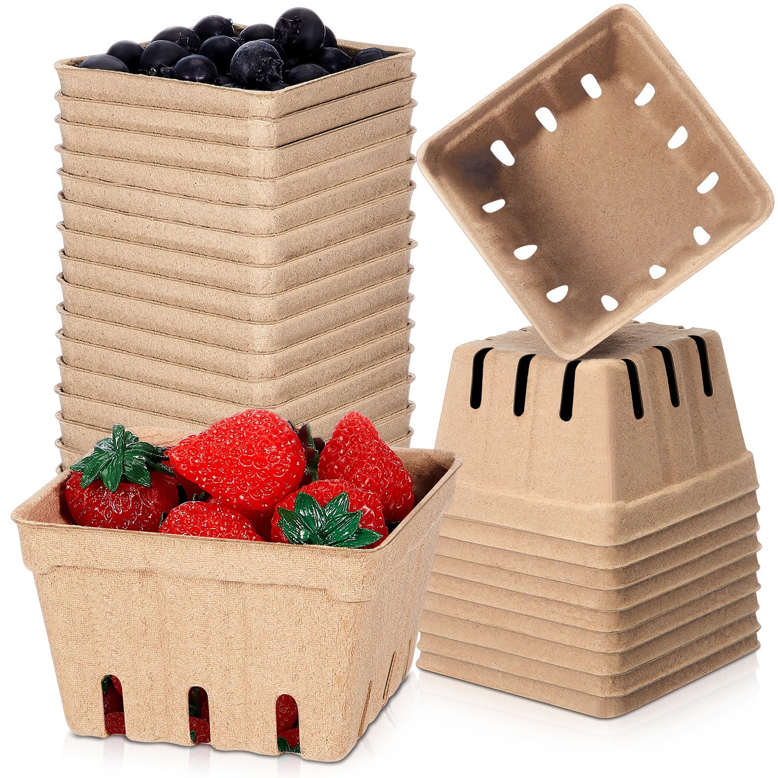 Reallnaive 20 Pack Berry Basket Natural Pulp Fiber, Molded Strawberry Basket Produce Vented Container for Fruit and Vegetable, Farmer Market, Grocery