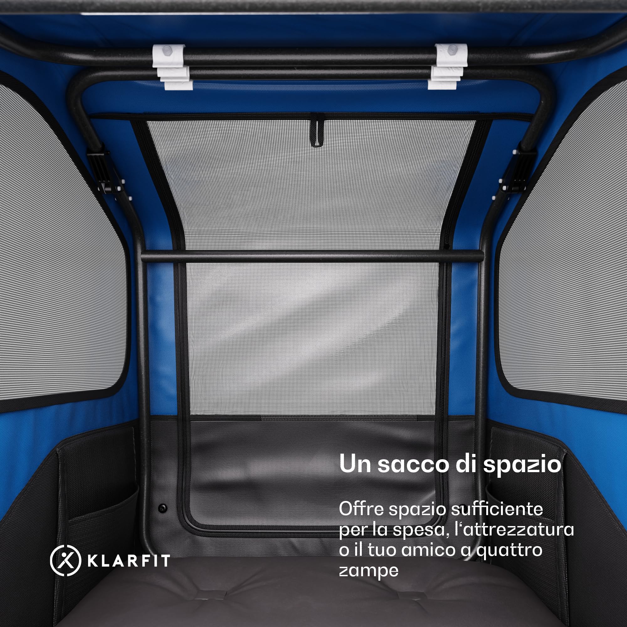 Klarfit Goldie Home - Rimorchio da Bici per Cani, Volume di 334L, Idrorepellente, Catarifrangenti & Bandierina di Sicurezza, Capacità di Carico di 40kg, Pieghevole, Ruote da 16 Pollici, Blu