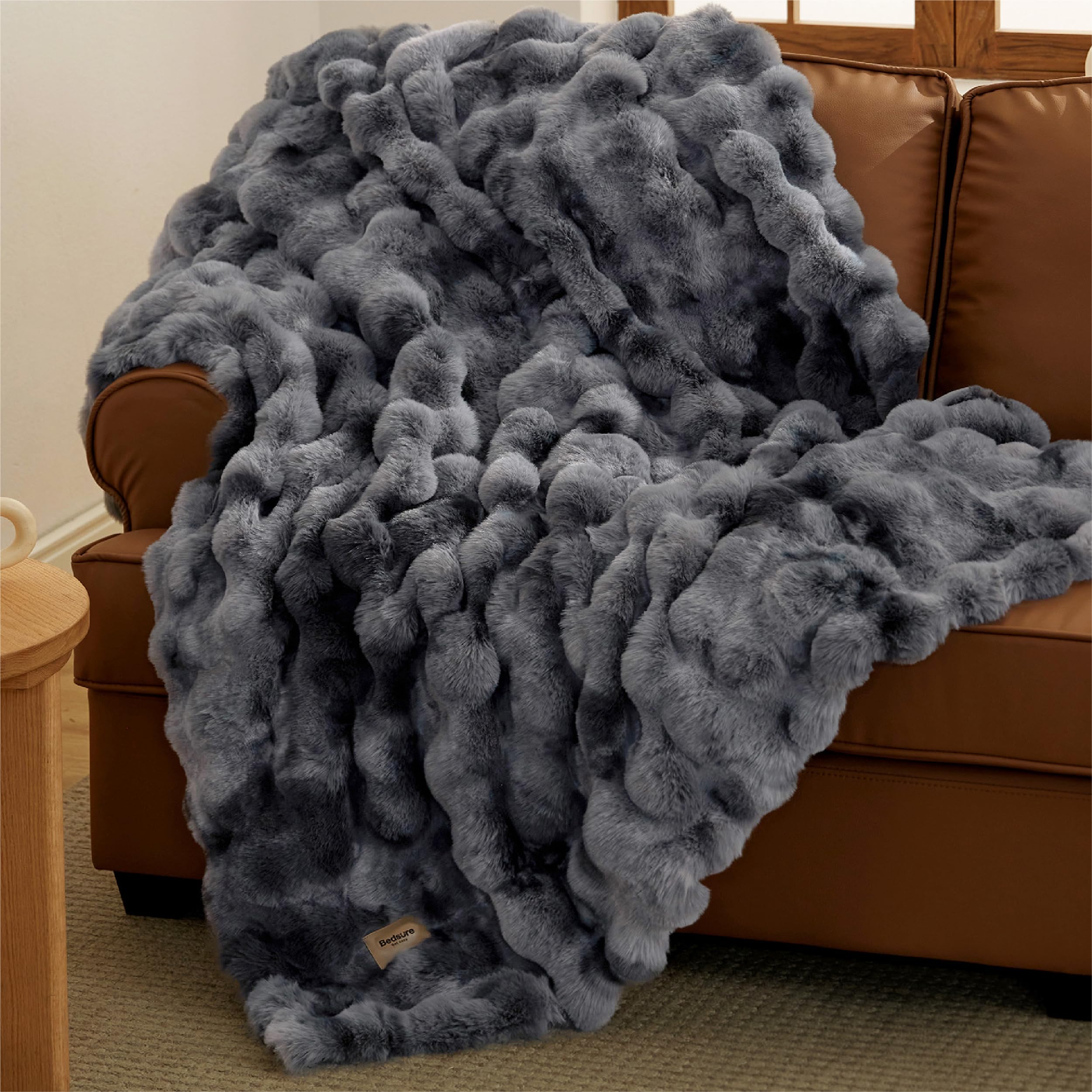 Bedsure Faux Fur Throw Blanket – Fluffy Bubble, 150 x 200 cm, Grey