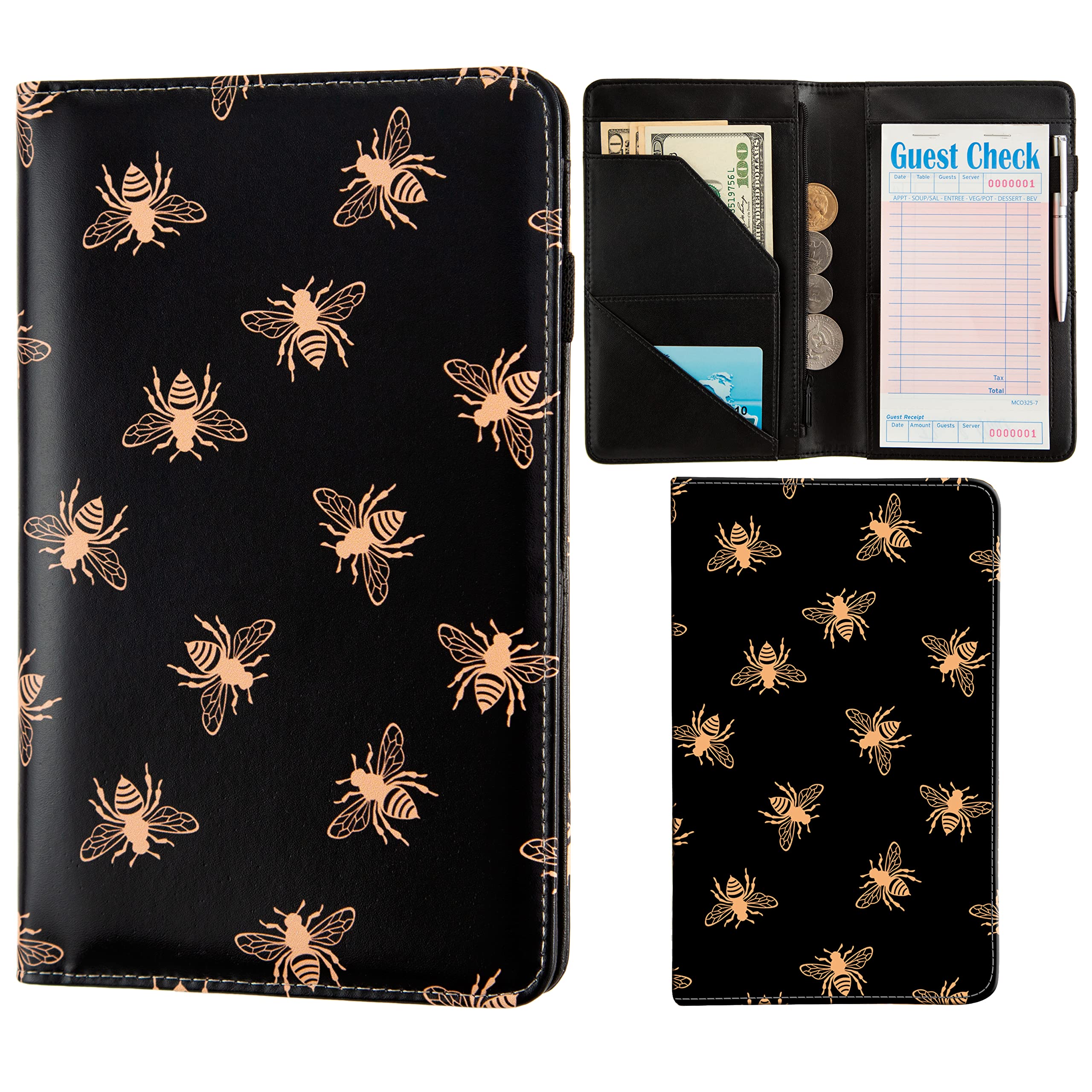 Black Server Books for Waitress Book Waiter Book Server Booklet Restaurant Waitstaff Organizer Serving Book Guest Check Book Holder Money Pocket Fits Server Apron（Bee)