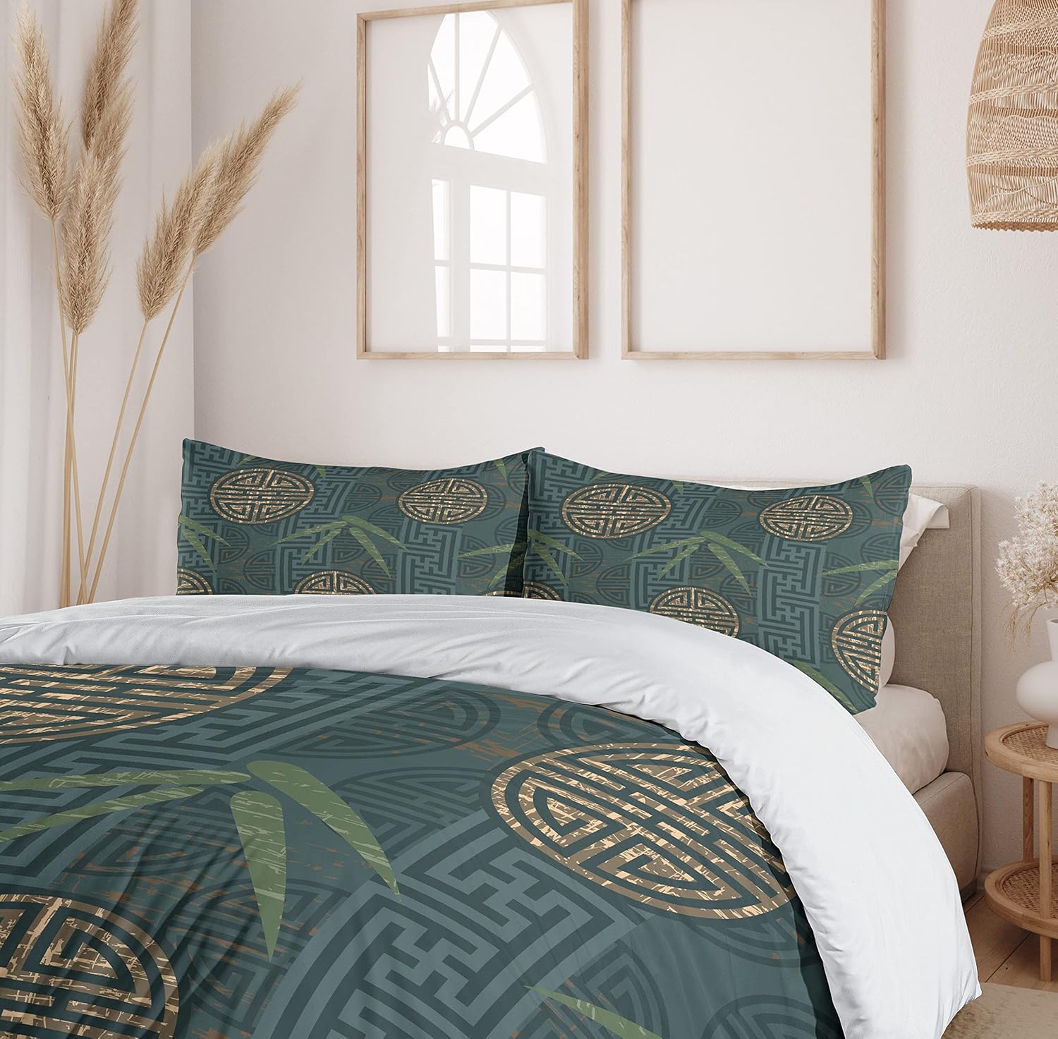 Ambesonne Bamboo Print Duvet Cover Set, Style Composition Oriental Motifs Leaves Eastern Elements, Decorative 2 Piece Bedding Set with 1 Pillow Sham, Twin Size, Teal Ivory Tan Twin Teal Ivory Tan