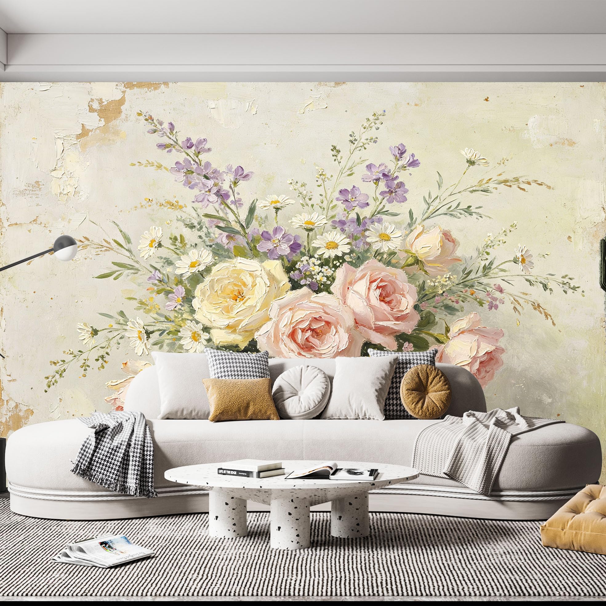Bukiet kwiatów w stylu vintage, obraz ścienny, botaniczne kwiaty, tapeta z włókniny, elegancki francuski dom wiejski, okładzina ścienna, 371 x 280 cm, kremowy, beżowy, akcentująca dekoracja ścienna do