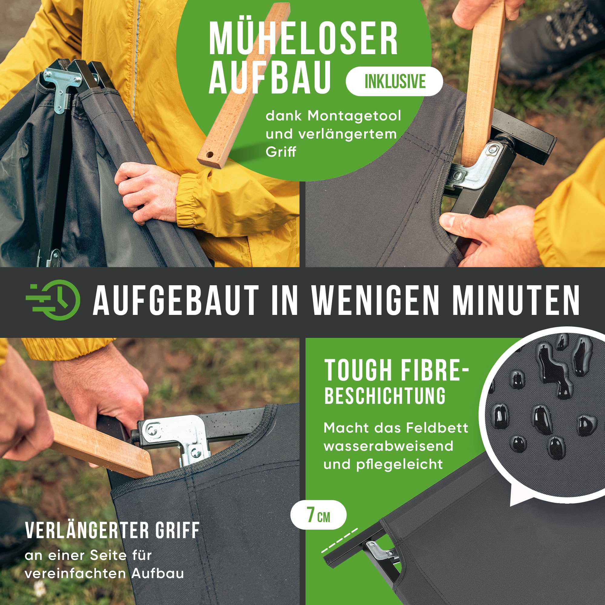 Feldbett XXL 200kg belastbar 210x70 [mit Montagetool] – Campingbett, Campingliege faltbar leicht, Feldbett klappbar, Camping Bett