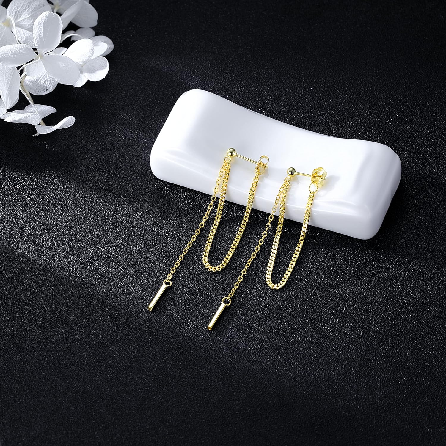 SLUYNZ Solid 925 Sterling Silver Bar Dangle Earrings for Women Minimalist Dangle Earrings Threader Chain - Image 6