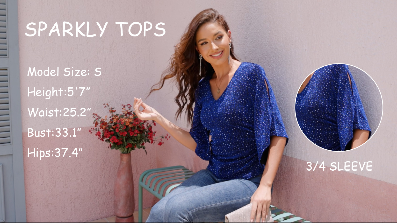 PEIQI Rhinestone Tops for Women Party 3/4 Sleeve V Neck Sparkly