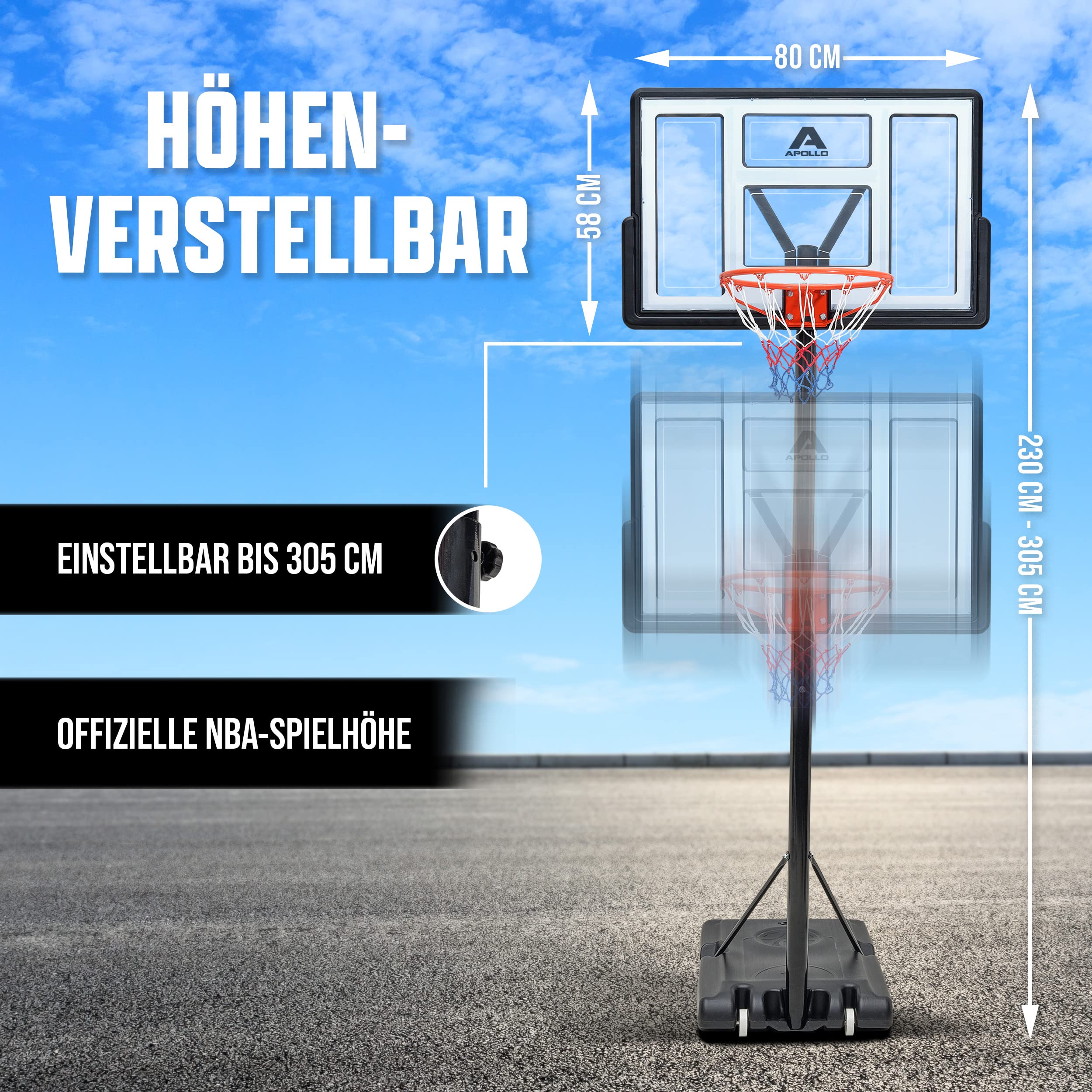 Apollo Basketballständer - höhenverstellbarer Korb - 155 bis 210 & 210 bis 305 cm - Basketballkorb Set Outdoor komplett - Basketballkorb Kinder - Basketball Korb für Erwachsene