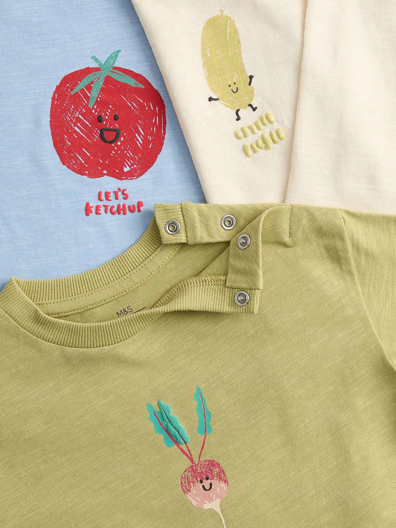 Marks & Spencer 3er-Pack Baby Tops aus Reiner Baumwolle mit Gemüsemotiv – Lange Ärmel – Druckknopfverschluss