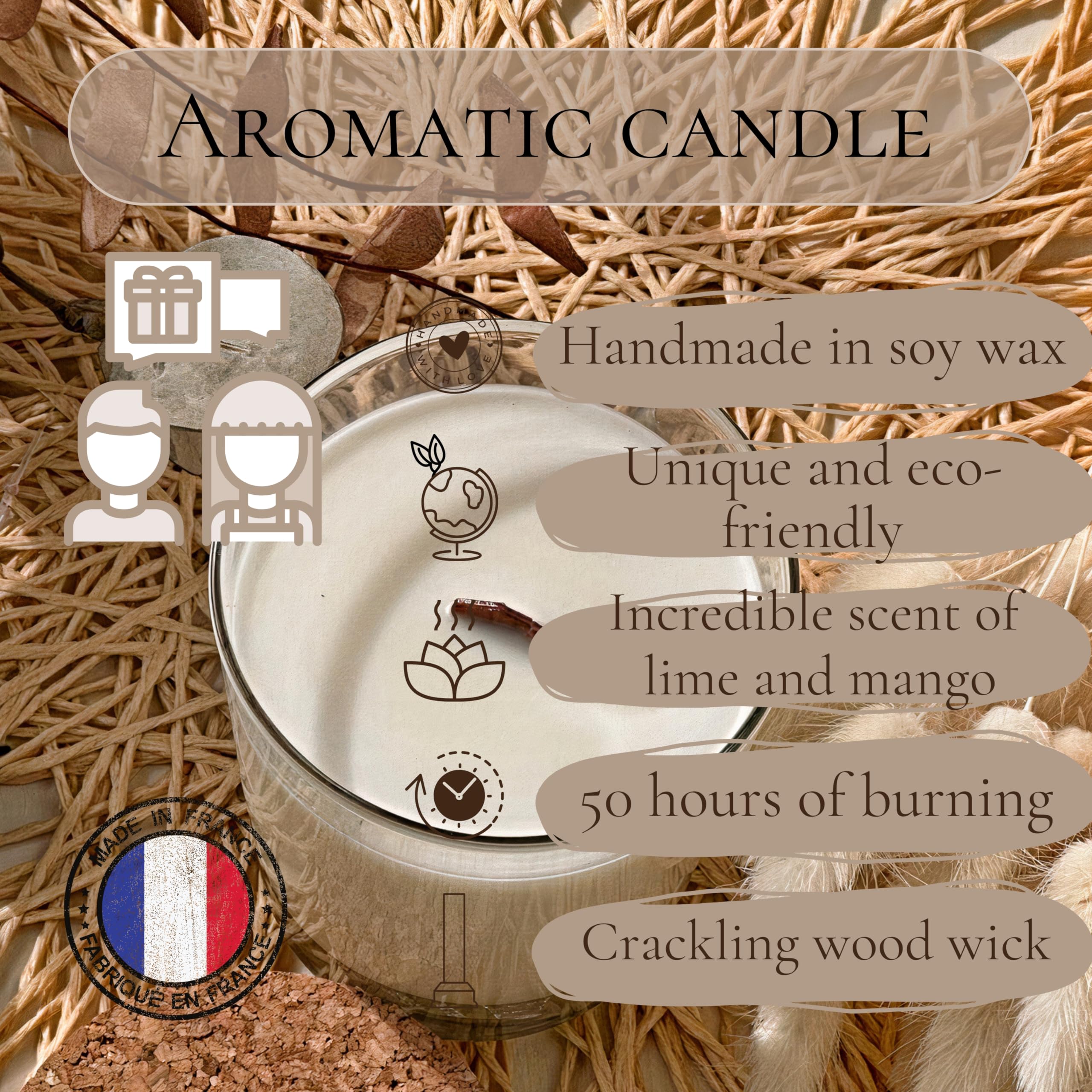 Vela Aromática de Soja con Aroma de Lima y Mango, Ecológica y Artesanal con Mecha de Madera, Regalo Original para Cualquier Ocasión, 450g