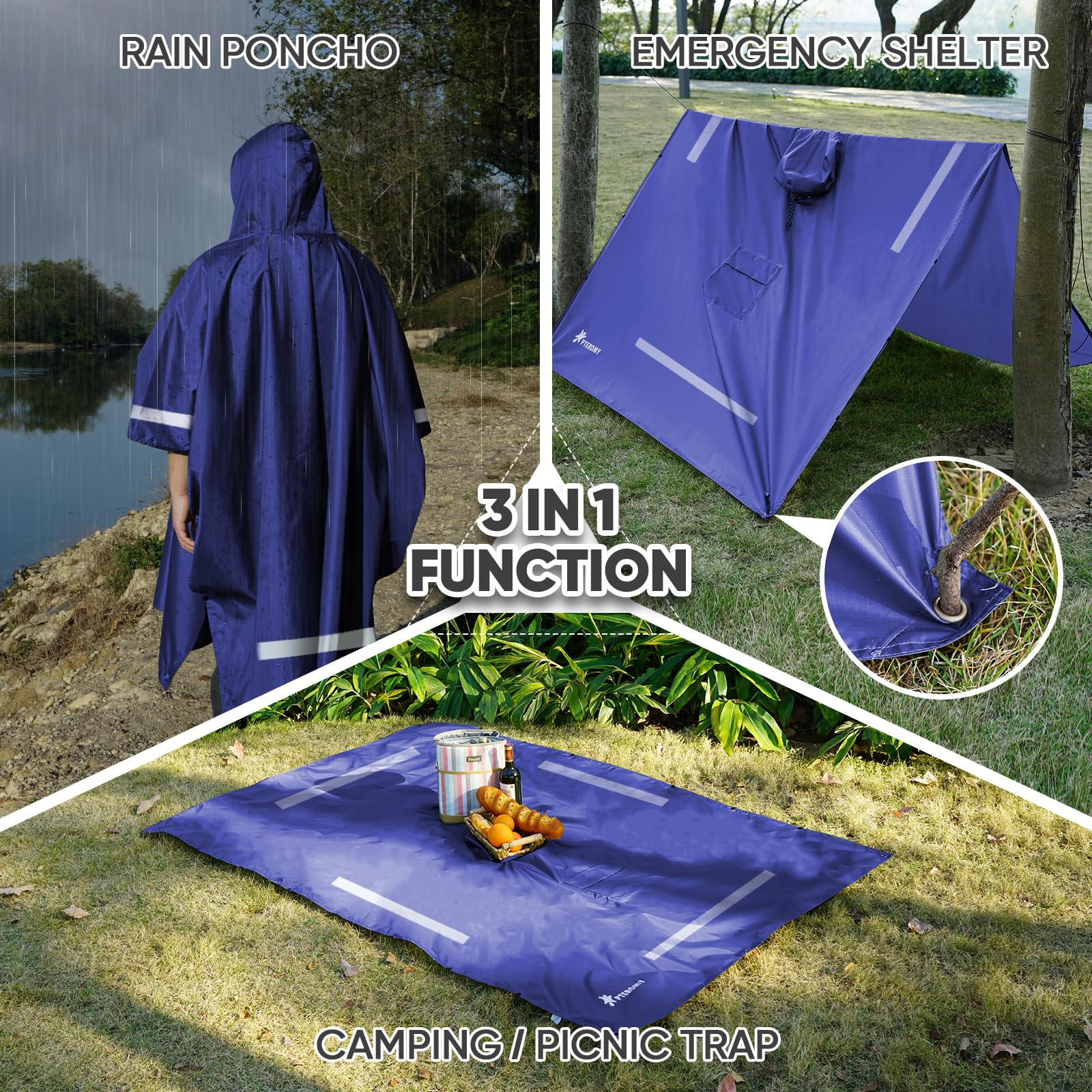 PTEROMY Poncho de lluvia con capucha para adultos con bolsillo, impermeable, ligero, unisex, para senderismo, camping, emergencia