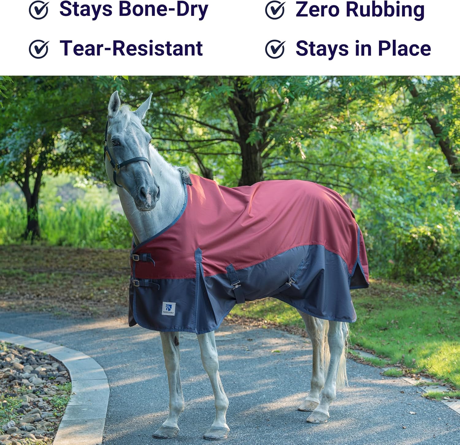 Horse Turnout Rain Sheet | 600 Denier Ripstop Turnout Blanket No Fill (0g) | Waterproof Lightweight Breathable | Tear-Resistant Outer & Rub-Free Silky Inner | Burgundy/Navy - 74 in