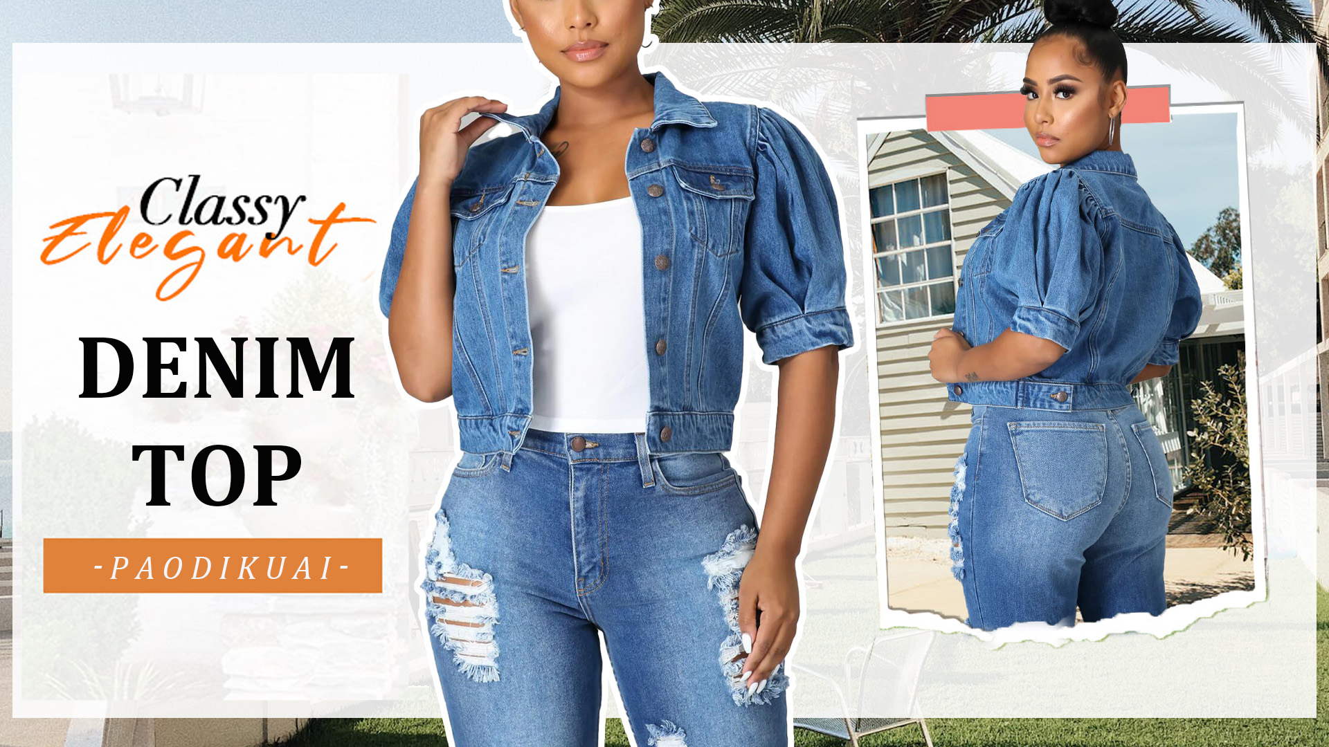 PAODIKUAI Women's Casual Puff Sleeve Frayed Slim Cropped Denim