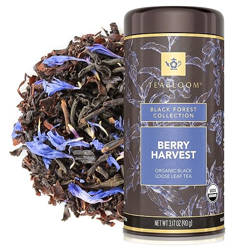 Teabloom Té negro orgánico afrutado, té de hojas sueltas de cosecha de bayas, certificado orgánico y kosher, mezcla de hojas enteras frescas en