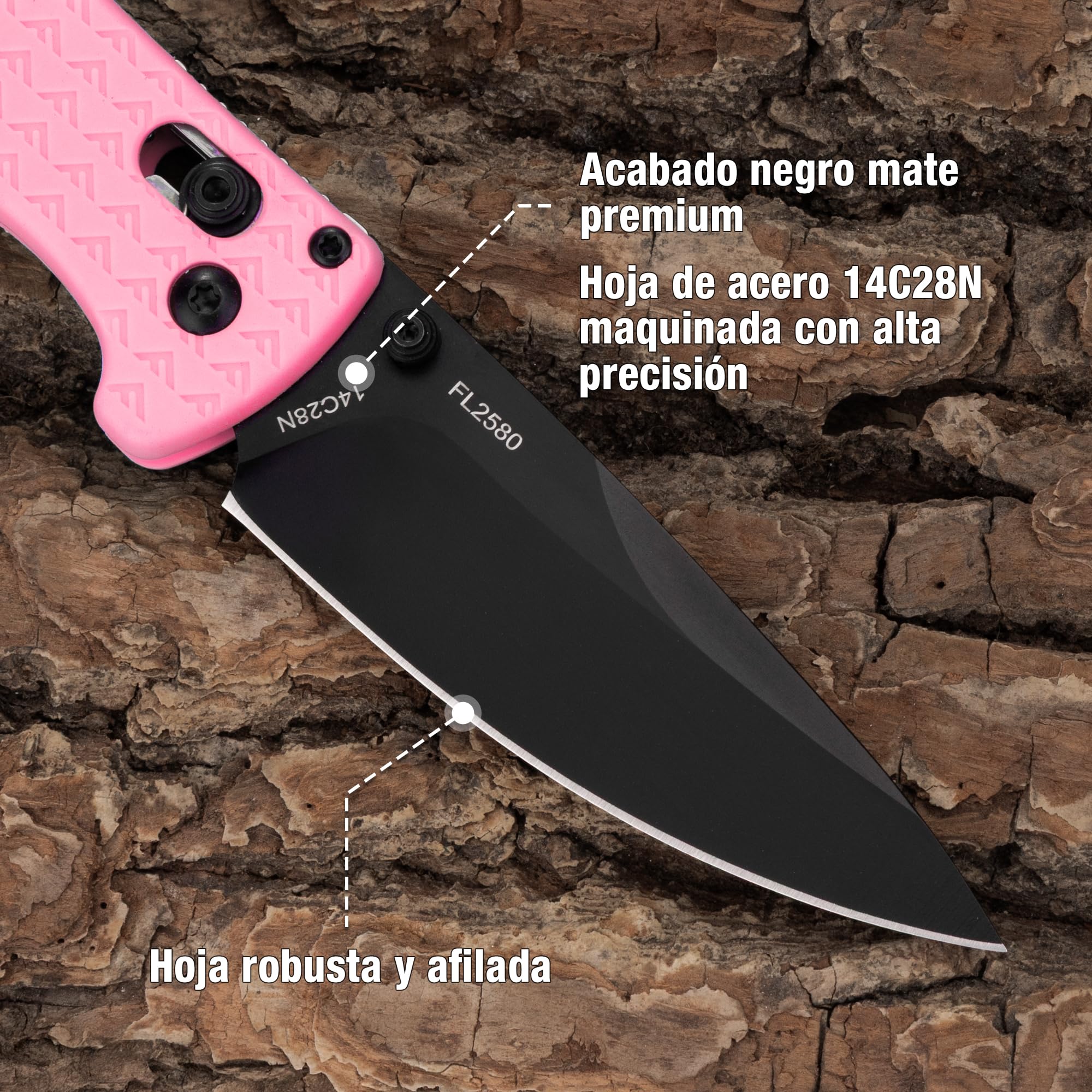 FLISSA Navaja Plegable EDC de 190mm, Navaja de Bolsillo de Acero 14C28N con Recubrimiento de Titanio Negro, Cuchillo Plegable Ligero y Compacto para Camping, Senderismo, Aventura y Viaje, Rosa