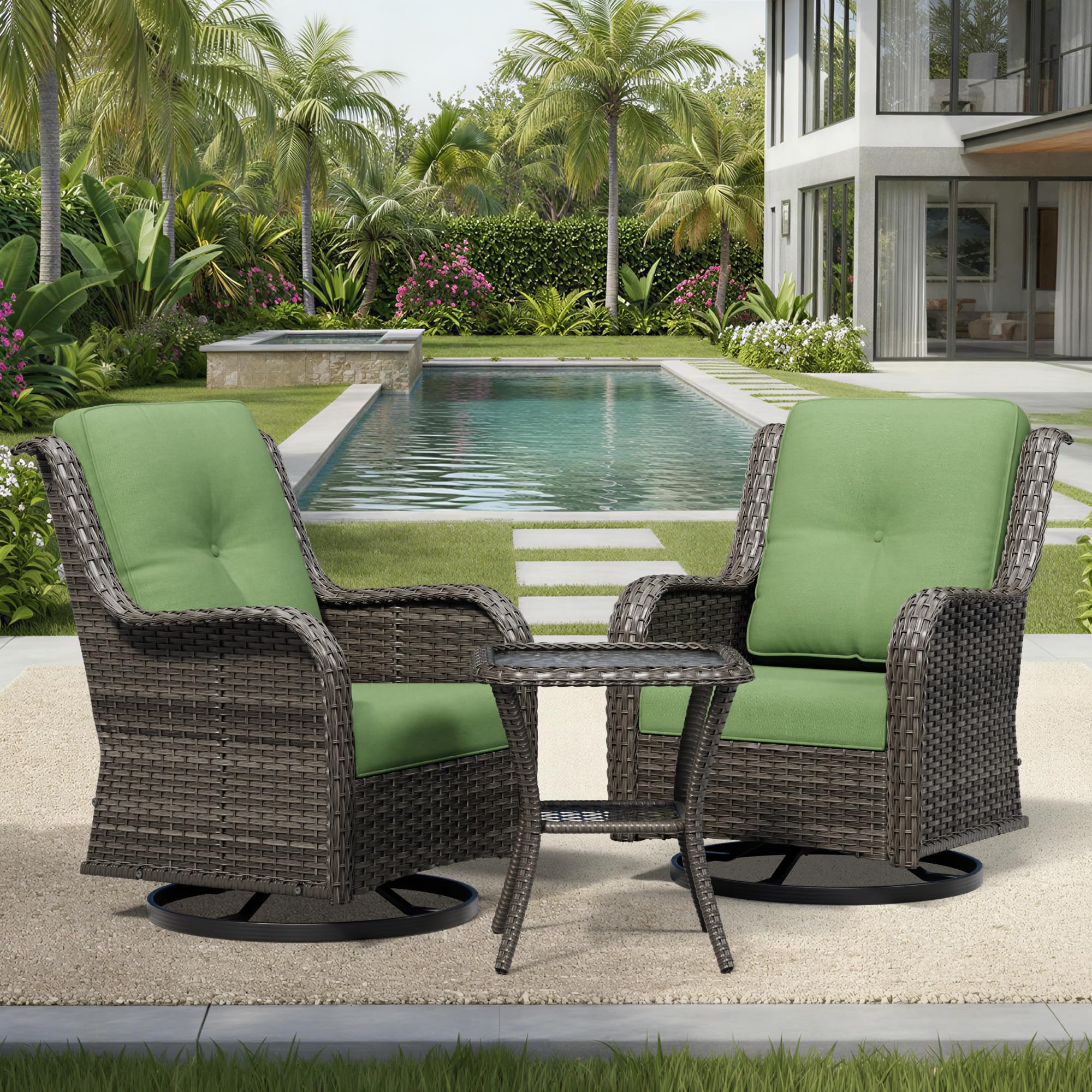 Joyside 3 Piece Wicker Patio Furniture Set, Outdoor Swivel Rocker Patio Chairs with High Back, Deep Seating, Wide Armrest, Thickened Cushions, Outdoor Furniture for Deck, Porch Use