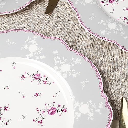 Miniatura 3 de fanquare Juego de 4 platos llanos de porcelana de 10 pulgadas, juego de platos de encaje para ensalada, pasta, sopa, postre, rosas rosadas