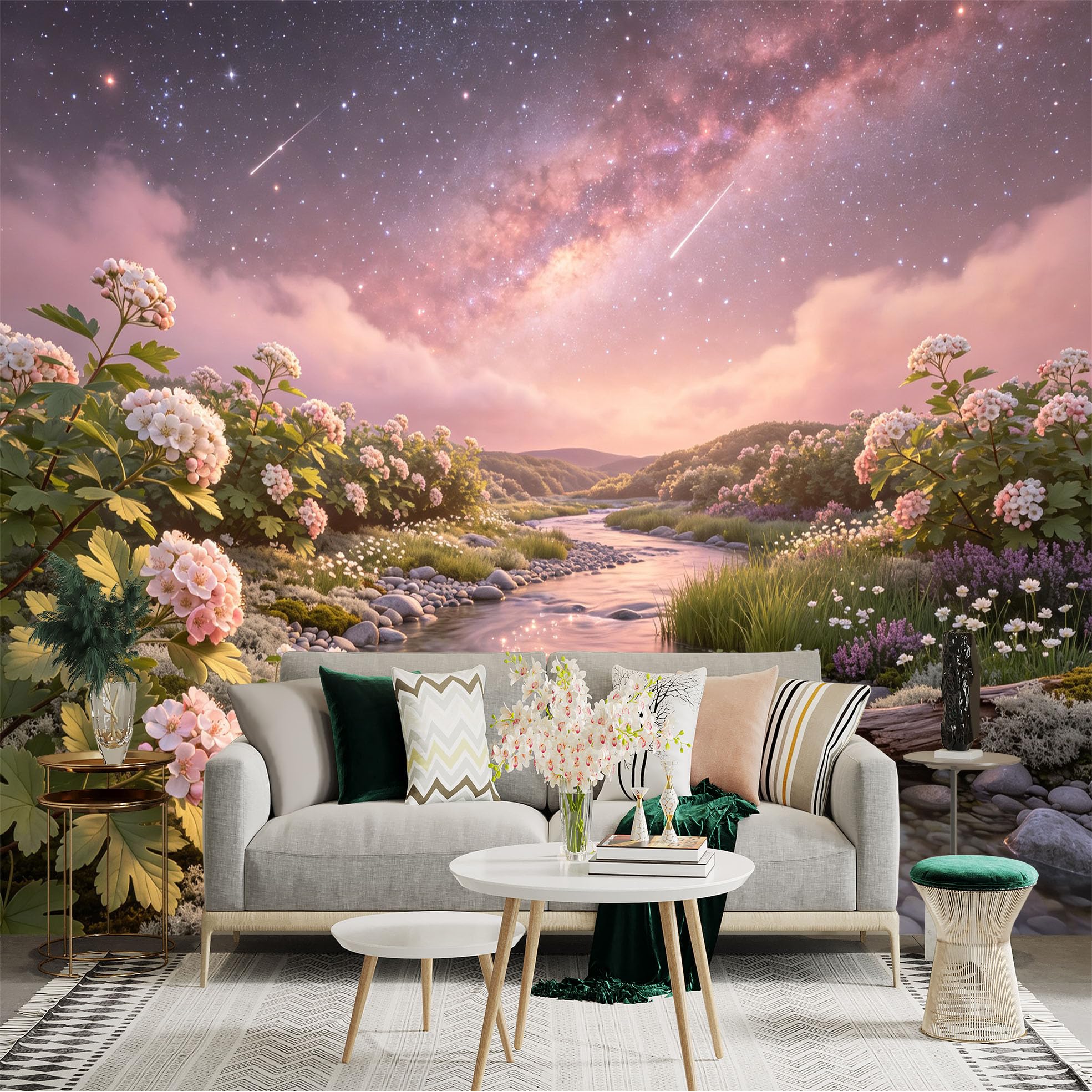 Lnzczhyre Bh260719566 Custom Size Wall Sticker Mural， Pink Floral Riverbank， Milky Way Galaxy Sky， Sparkling Water Stream， For Wall Decoration， Peelandstick Wall Decals.