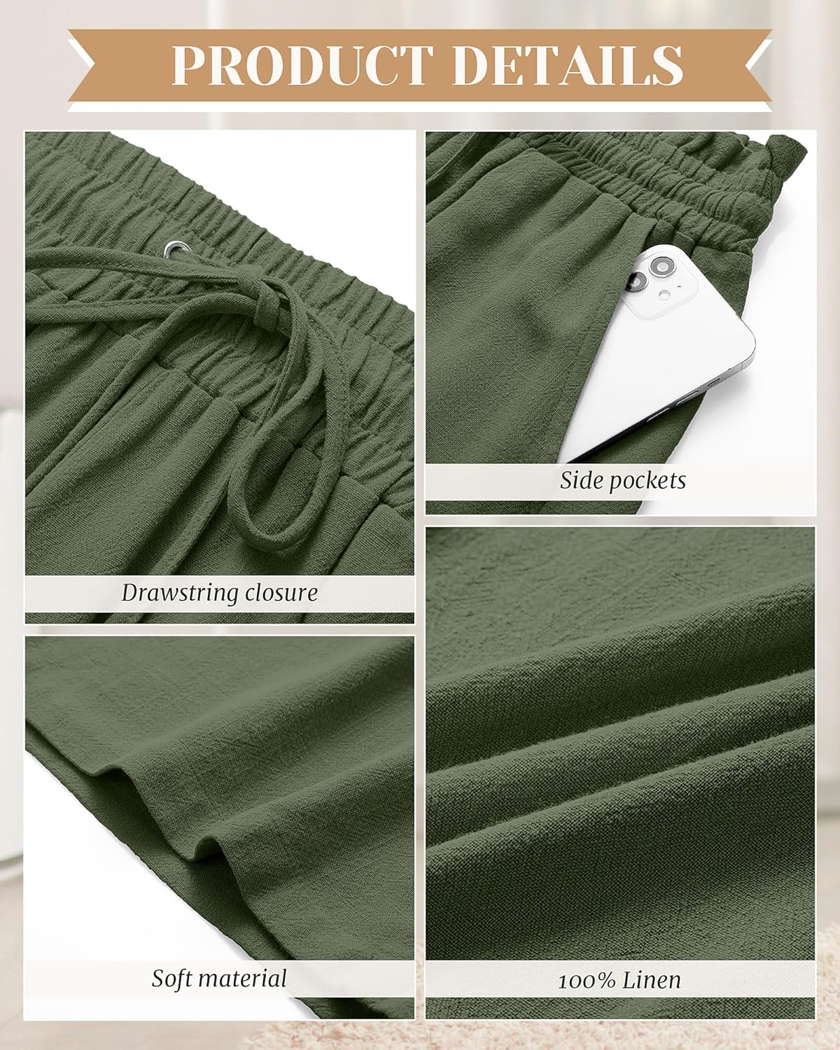 Neer 2 Pack Women's Linen Capri Pants Basics Wide Leg Casual Loose Drawstring Elasticated Beach Capris Pant with Pocket - Image 5