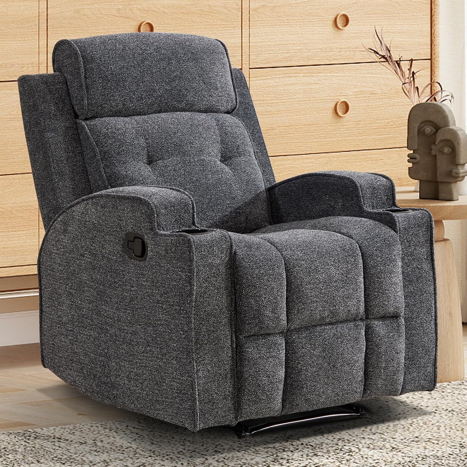 CAMMOV Manual Recliner Chair, Single Sofa Recliners with Overstuffed Back, Manual Fabric Recliner with 2 Cup Holders, Single Reclining Sofa Recliner for Living Room Theater Seating,Grey