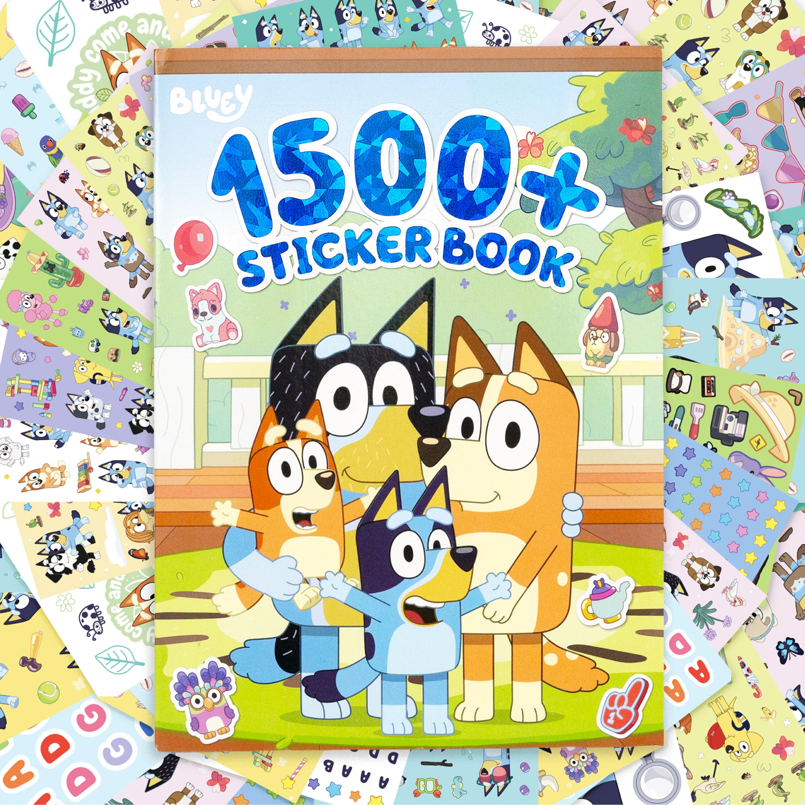 Libro de pegatinas Bluey 1500+, incluye pegatinas de papel para cartas, azul, bingo, bandido, chile y más, tamaños grandes y pequeños, gran papelería infantil