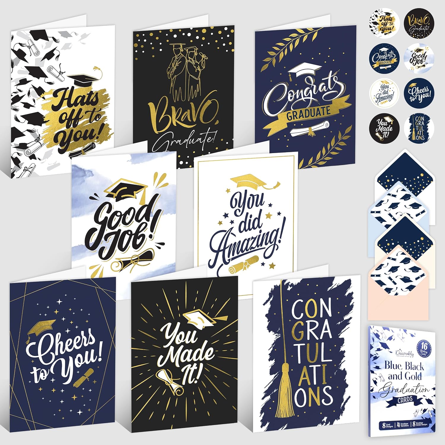 Decorably 16 Gold Foil 5x7in Pack of Graduation Cards with Envelopes and Stickers, 8 Elegant Congrats Grad Designs for Graduates, with Printed Message Inside - Gifting, Mailing