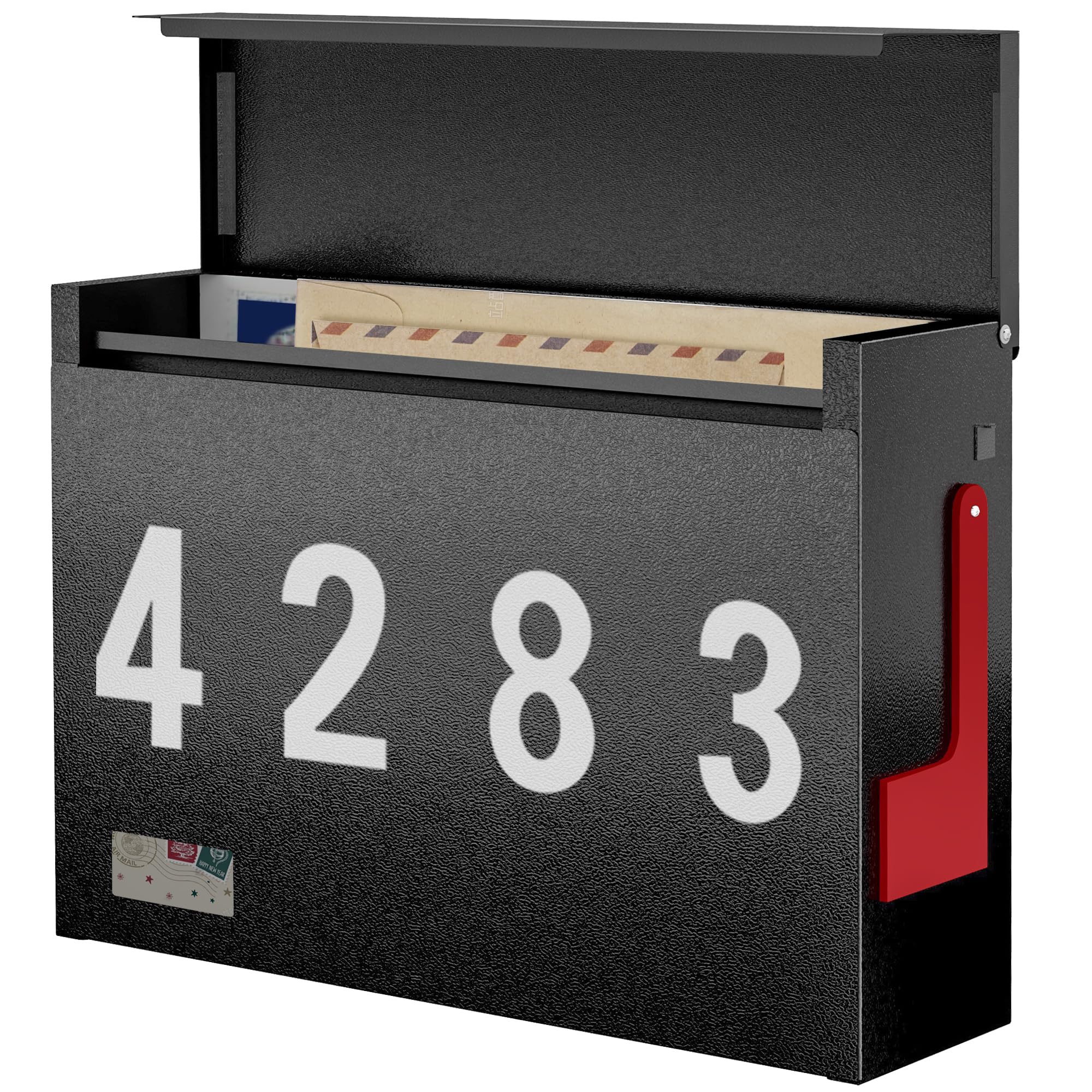 Modern Mailboxes for Outside, Metal Wall Mount Mailbox, with One Flag Kit and Three Sets of Mailbox Number Stickers, 3.9" D×14.2" W×10.2" H, Rust