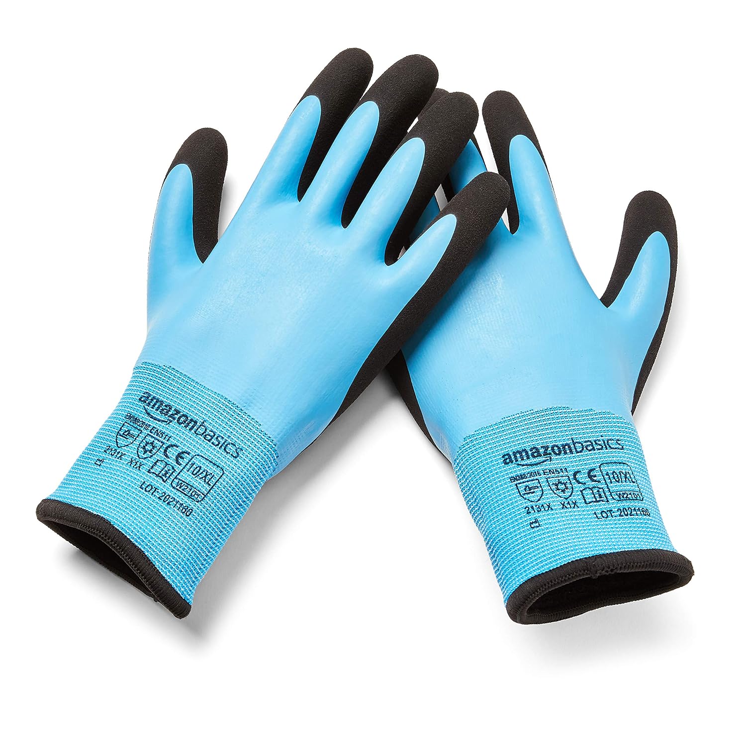 Amazon Basics 15 gauge polyester + 10 gauge acrylic double shell, latex fully coated, sandy latex palm coated outer Size 10,XL,1-pair