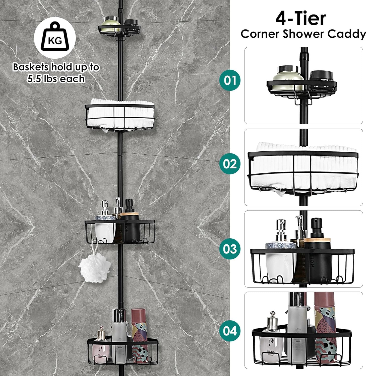 Image of the 4-tier shower caddy in use, holding various bath products like shampoo, soap, and sponges. Baskets are shown holding up to 5.5 lbs each.