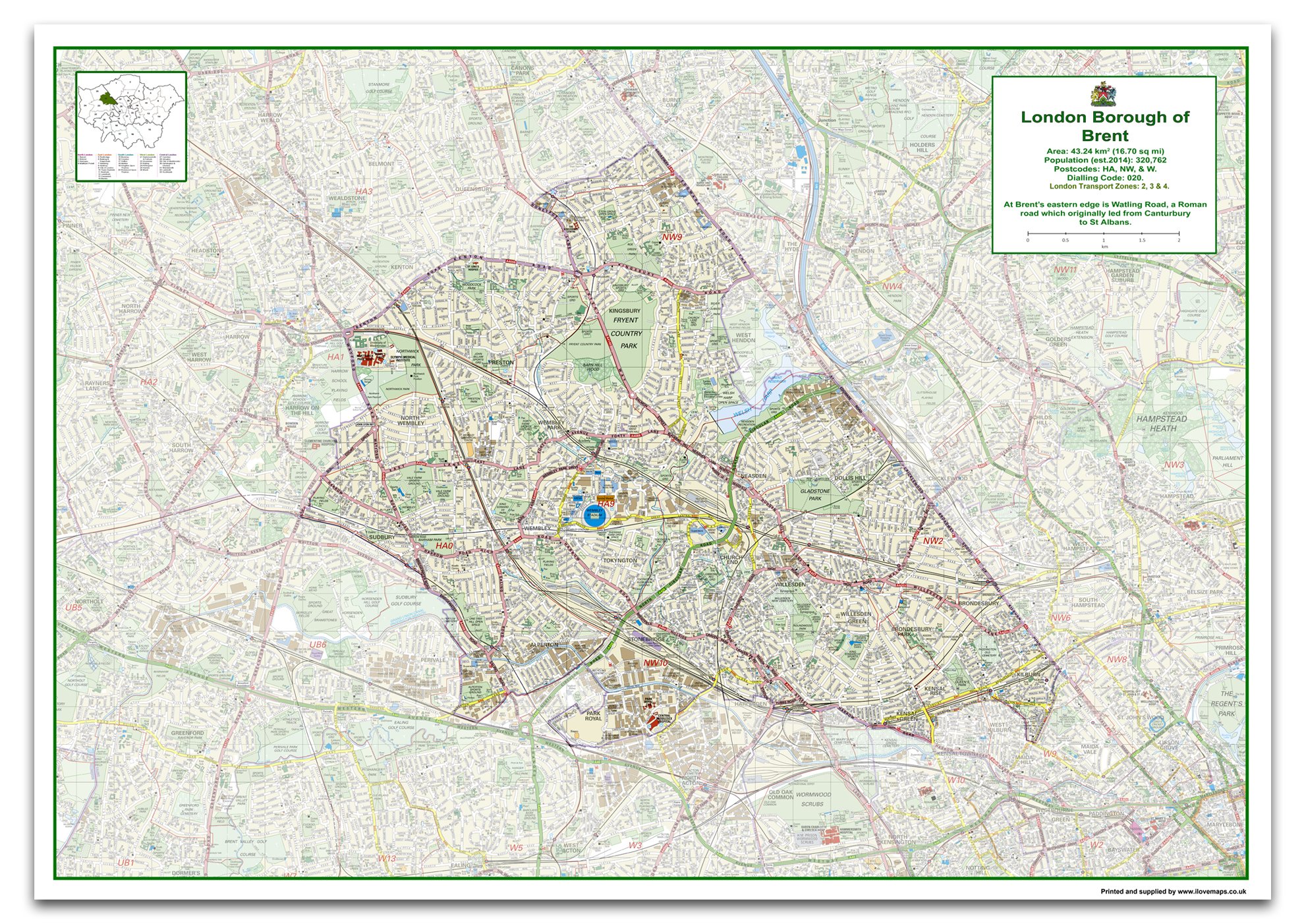 London Borough Map - Brent - Size A0-84.1 x 118.9cm - Paper Laminated