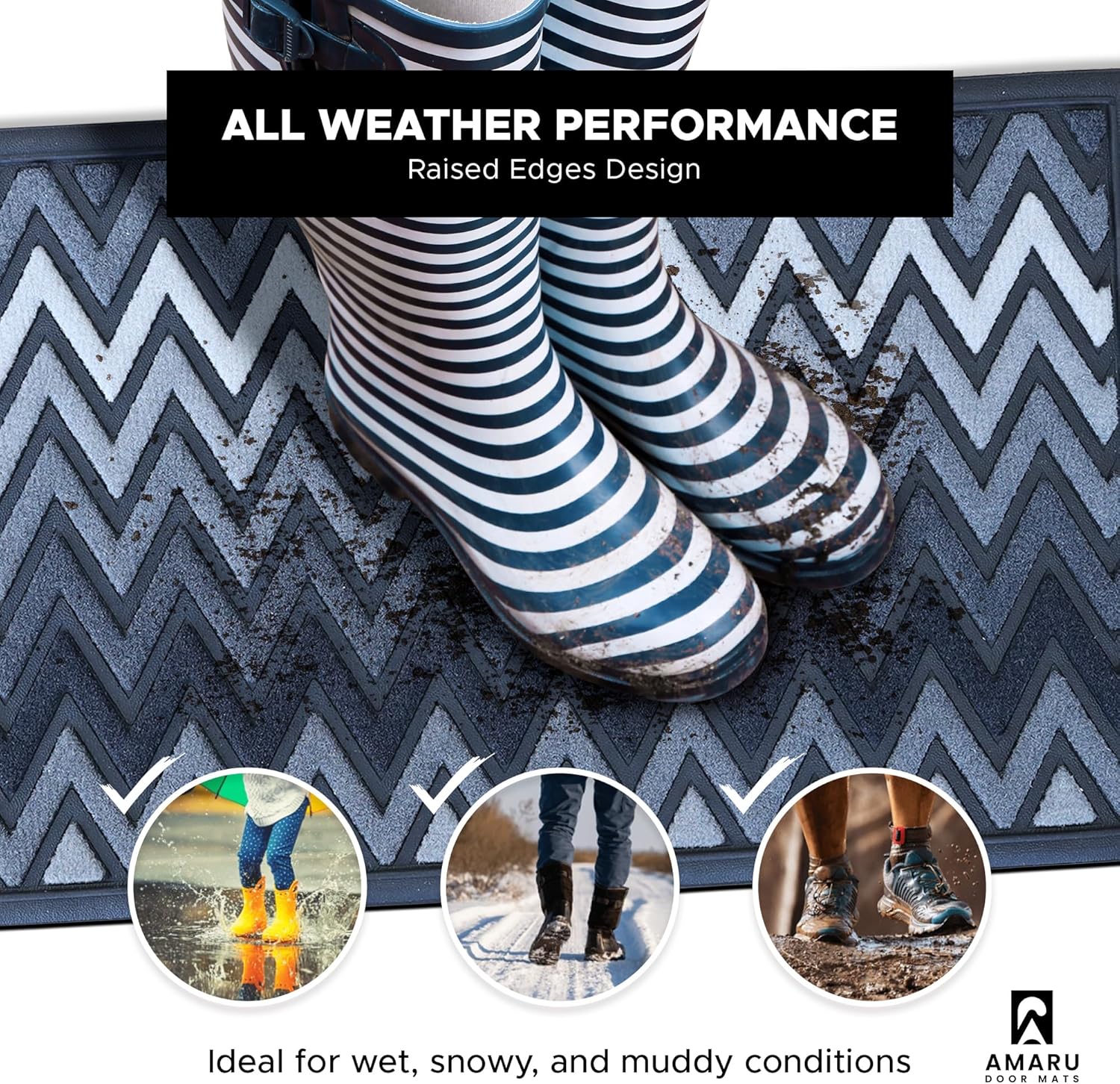 Condition photo showing New/Like New for extra durable, superior absorption, front door mat for outdoor & indoor - welcome mat for entryway, entrance, patio, porch - waterproof, non-slip backing, coarse fibers (waves black/white,18x30)