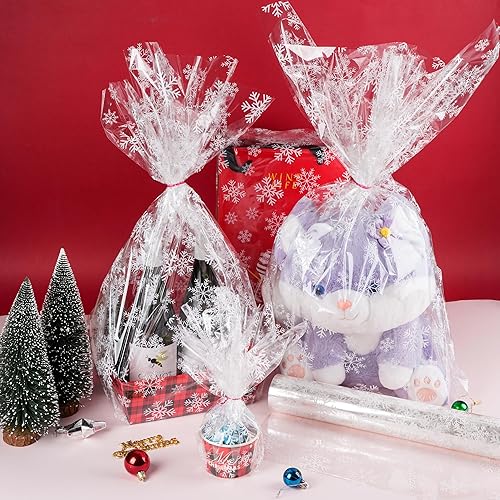 Miniatura 4 de Kolewo4ever Rollo de papel de envoltura de celofán de Navidad de 100 pies x 32 pulgadas, papel de regalo transparente con copos de nieve, bolsas de