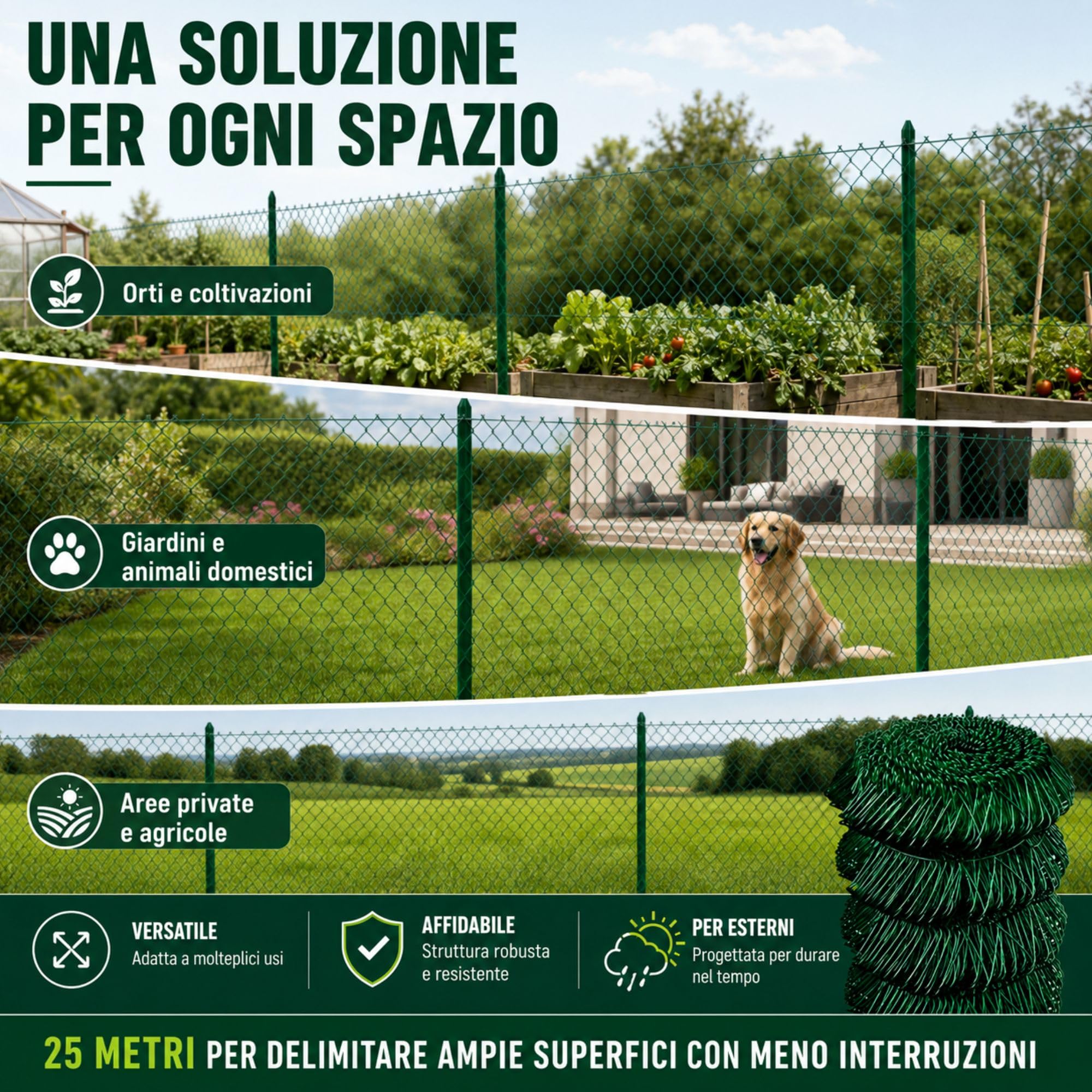 ITALFROM Rotolo 25mt Recinzione Rete Metallica Zincata Plastificata Maglia Sciolta Maglia:mm50X50 Diametro Filo:mm2,4 Altezza Rete:150 cm cod.2173