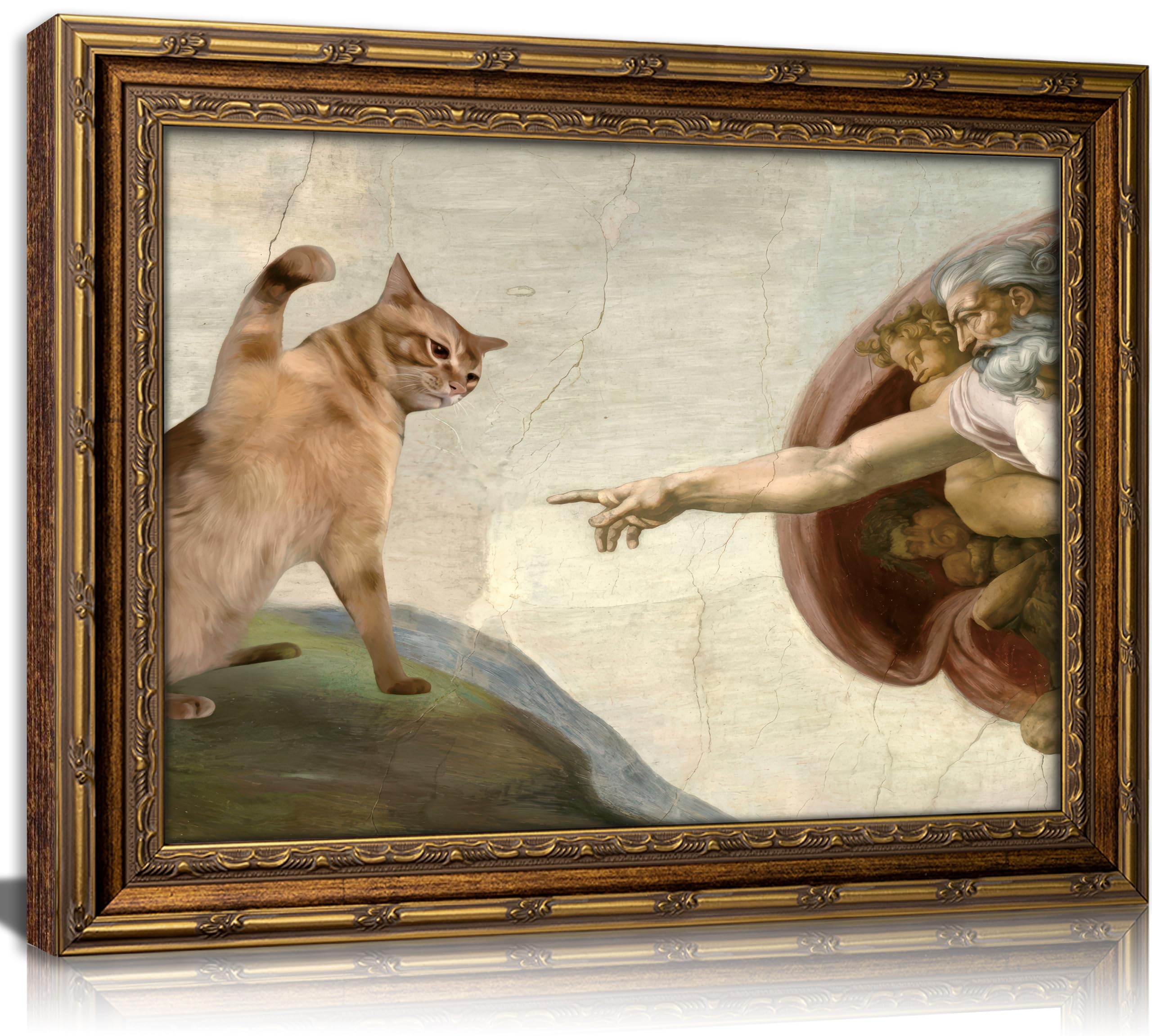 Vintage Gold Framed Renaissance Wall Art Fun Cat And God's Hand Wall Decor Whimsical Cat And Adam Painting Picture Creation of Adam Christian Poster Prints Artwork For Living Room Bedroom Dining Room