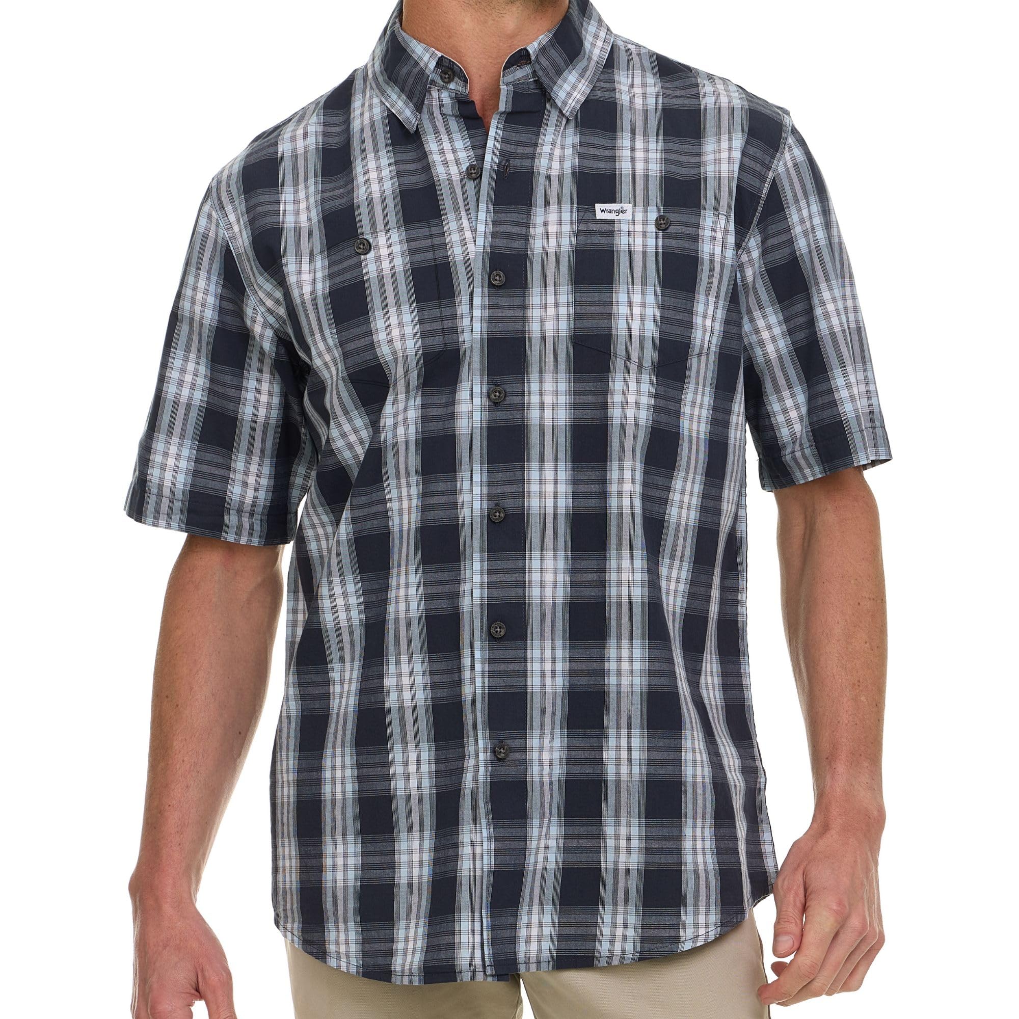 Wrangler Short Sleeve Plaid Woven Button Down Shirt, Blue Night, XXXXXL