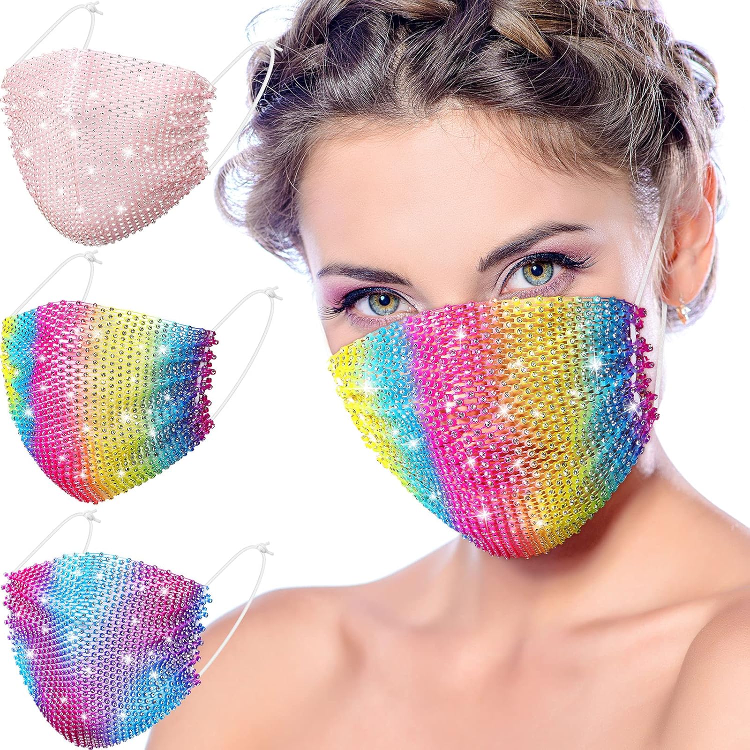 3 Pieces Chic Rhinestone Face Covering Chain Crystal Metal for Women Girls