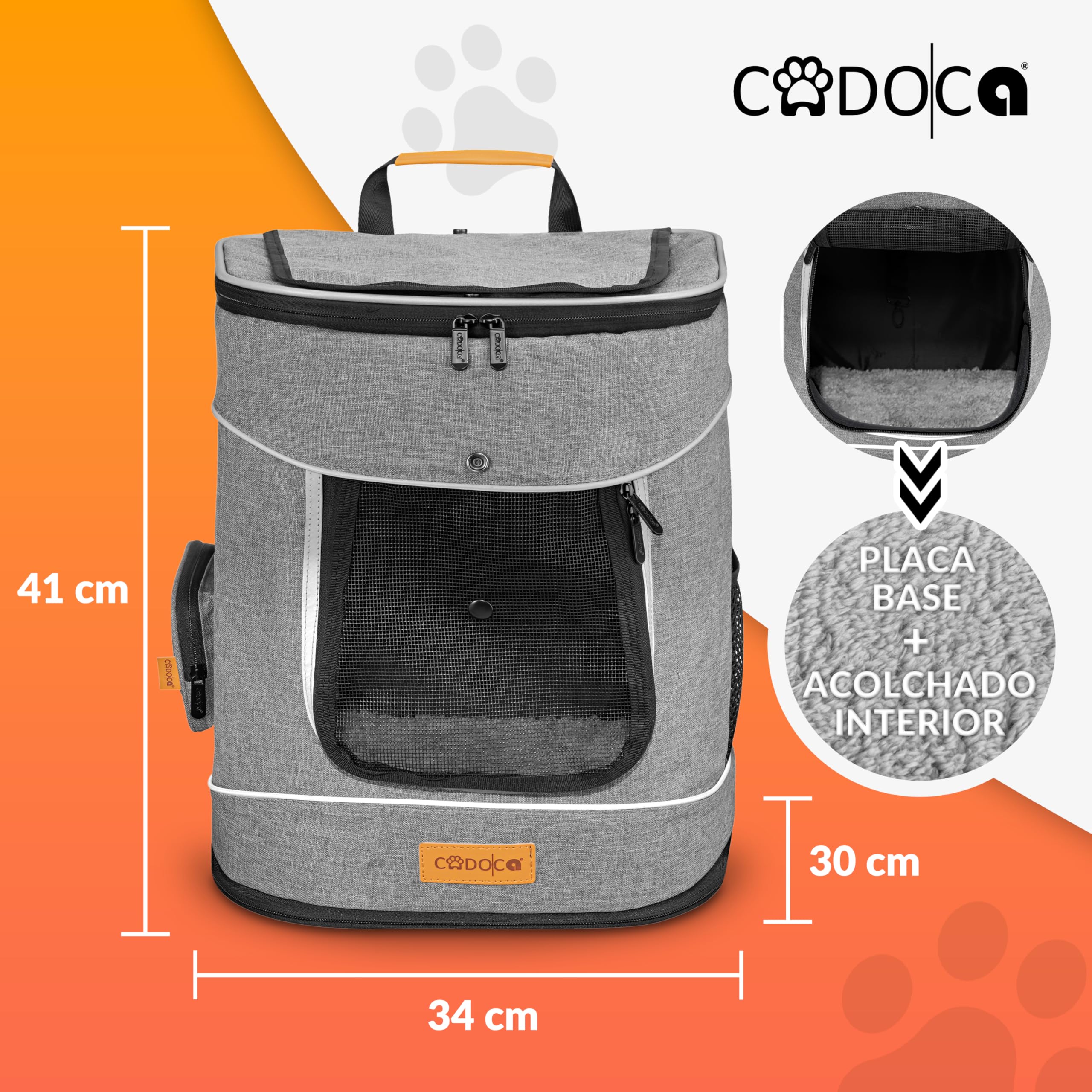 CADOCA® Mochila Transportín Perros Gatos 20 Kg Bolso Transporte Mascotas Plegable Correa Comedero Animales Tiras Reflectantes Viajes Excursiones Gris