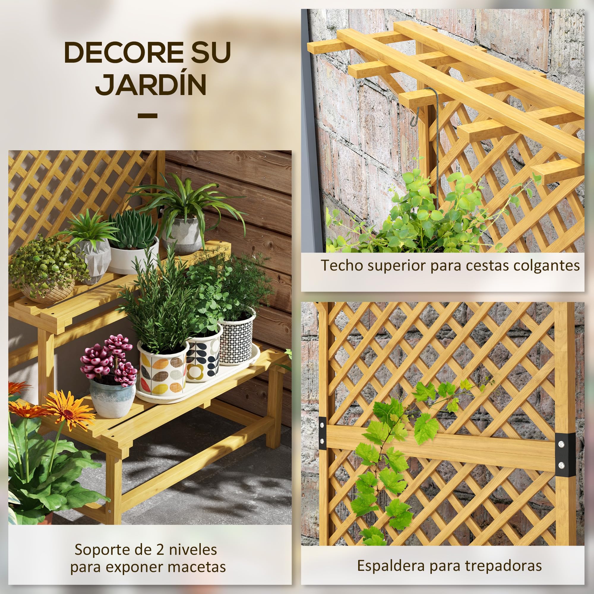 Outsunny Soporte para Plantas de Madera Estantería para Plantas de 2 Niveles Soporte para Macetas Exterior con Enrejado para Jardín Patio Terraza 75x50x166 cm Natural
