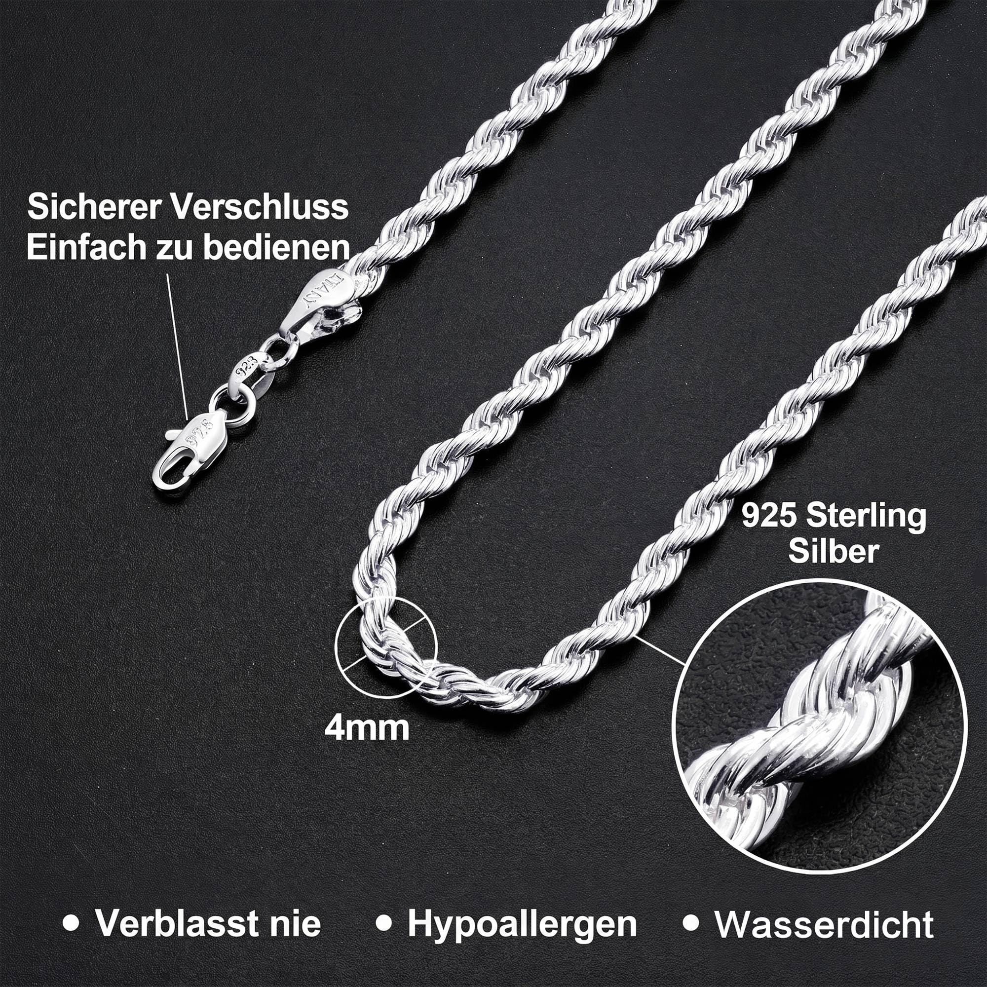 S925 Sterling Silber Over Kette Heren, 3/4mm Breit Rope Chain Halskette Wasserfest Kette for Herren Schmuck Geschenke für Männer Verschiedliche Längen 46/51/56/61/66CM