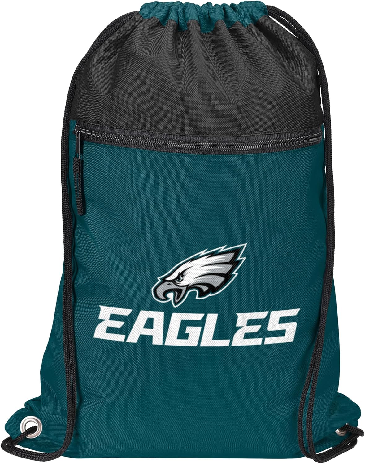 FOCO NFL Officially Licensed Unisex Team Color Football Primary Logo Wordmark Drawstring Backpack With Zippered Pocket - Philadelphia Eagles - Image 2