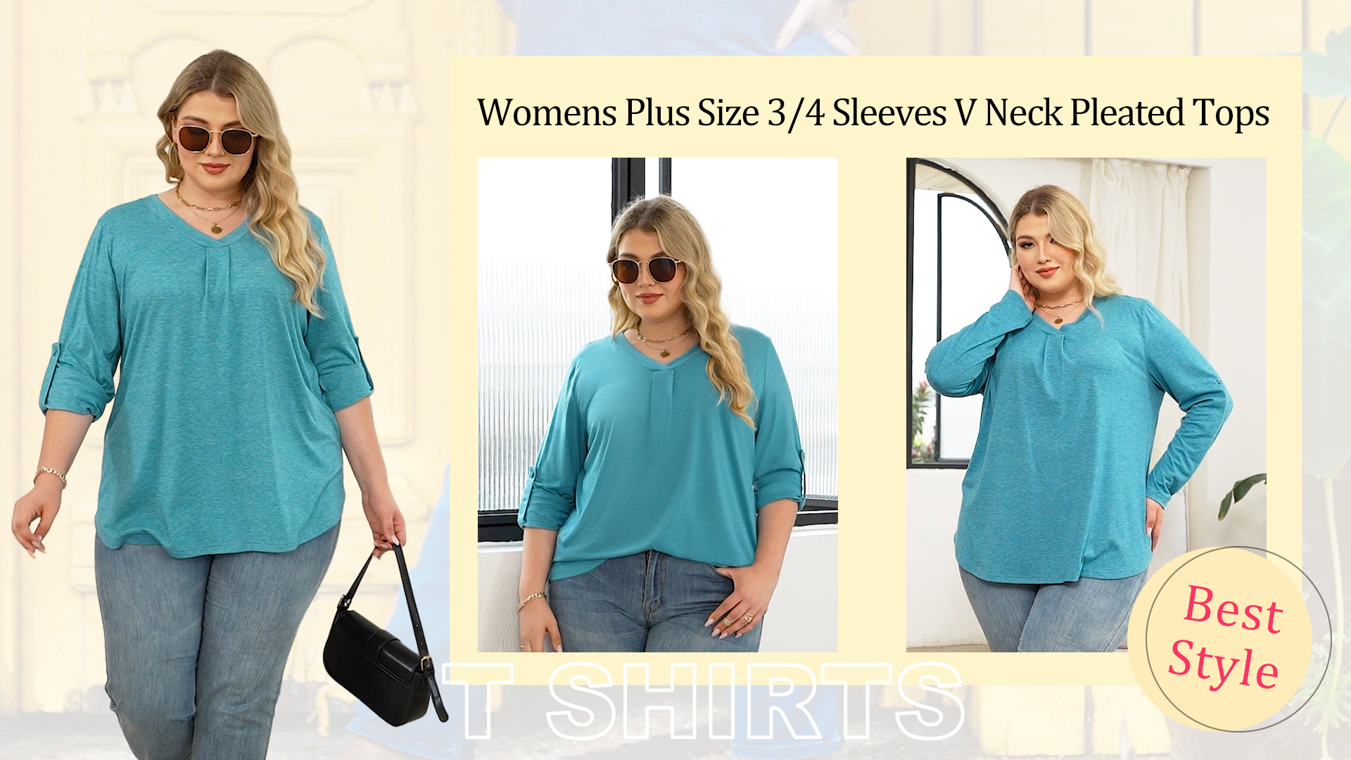 VISLILY Women's Plus Size Henley Top – Flowy Rayon/Spandex Tunic, Pleated Detail, Short Sleeve, Dark Green, Size 18
