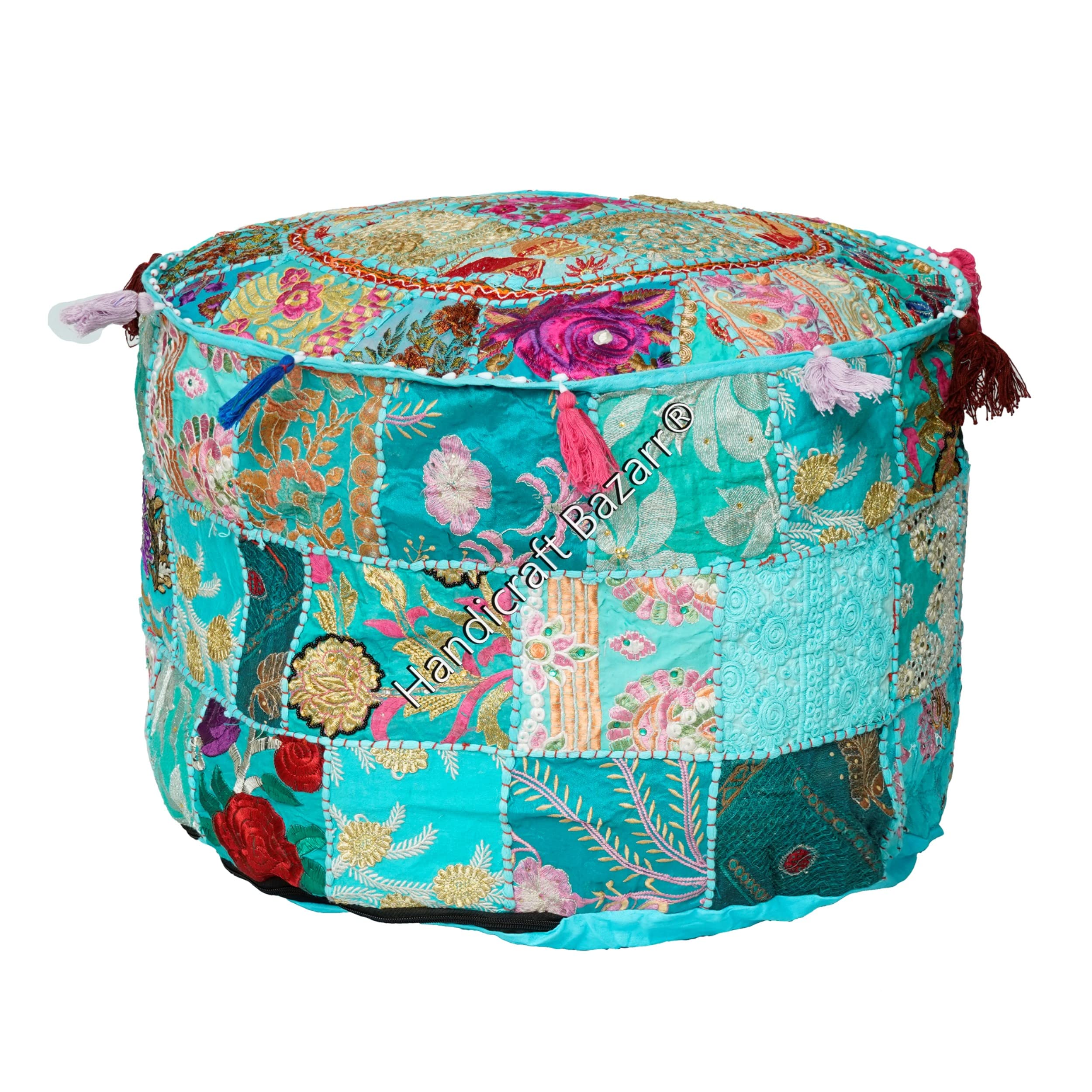 Handicraft Bazarr Elegant Round Seating Pouf Cover Cotton Footrest Ottoman Pouf Handmade Embroidery Room Decor Pouf (18x18x13 Inch)-image-29