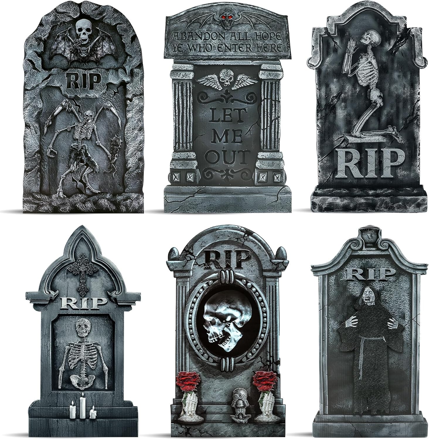 Roberly 6 PCS Graveyard Decorations for Halloween, 17" Tombstones Halloween Decor Headstones Yard Stakes Scary RIP Skeleton Cemetery Signs for Outdoor Garden Lawn Yard Haunted House Home Party