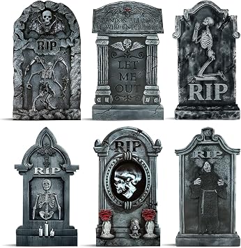 Roberly 6 PCS Graveyard Decorations for Halloween, 17" Tombstones Halloween Decor Headstones Yard Stakes Scary RIP Skeleton Cemetery Signs for Outdoor Garden Lawn Yard Haunted House Home Party
