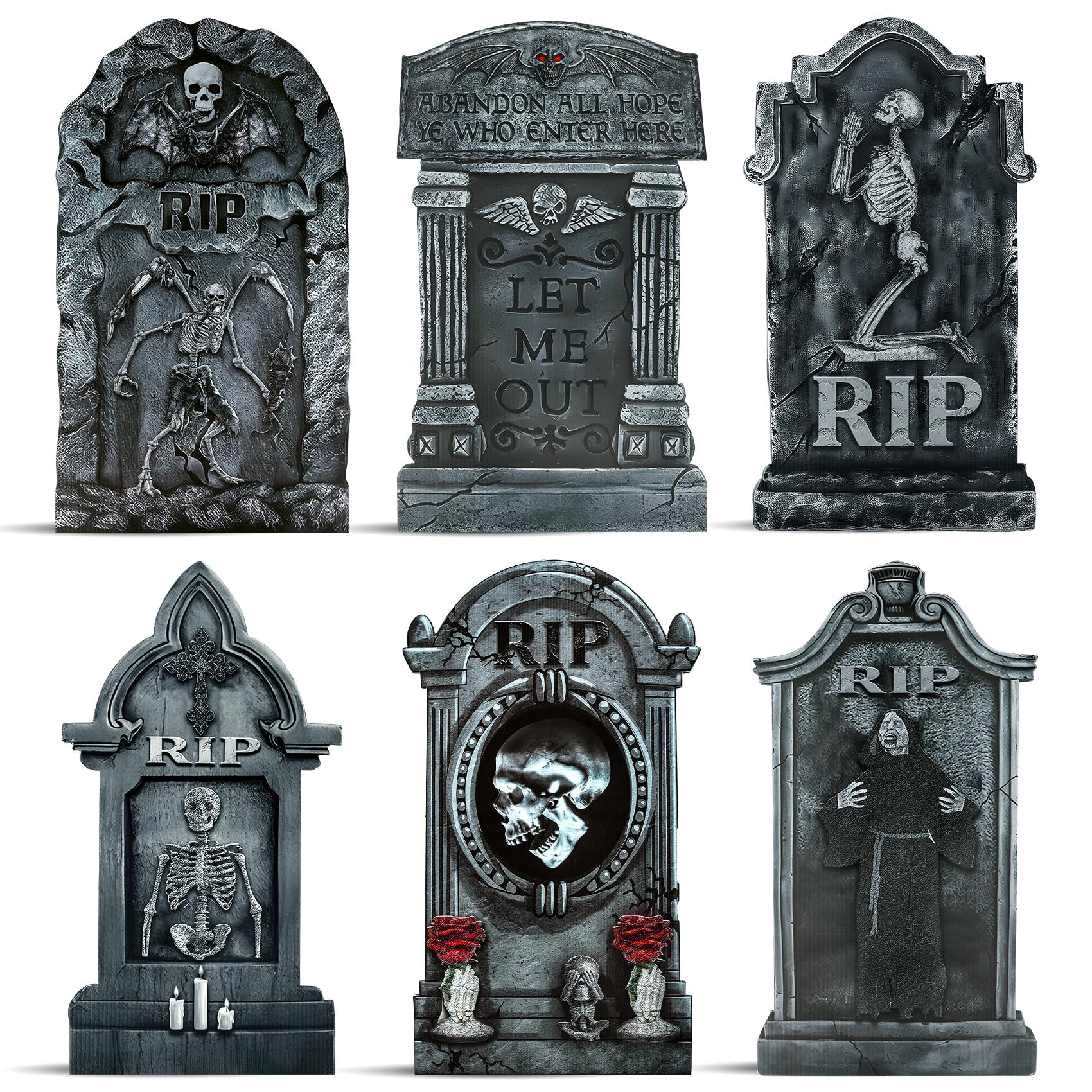 Roberly 16.5" Tombstones for Graves Halloween Decorations Outdoor, 6 PCS Graveyard Halloween Tombstones Decorations Headstones Yard Stakes Scary RIP Skeleton Cemetery Signs for Garden Lawn Yard