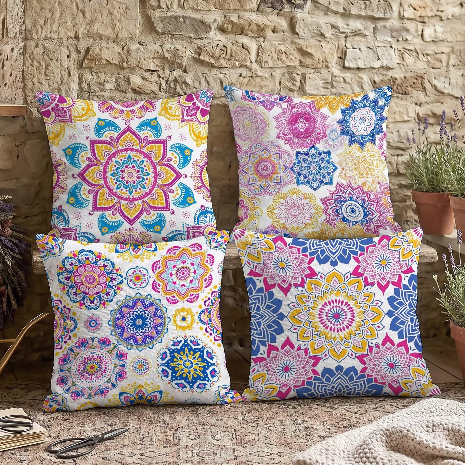 Kissenbezug 60x60 cm 4er Set Beidseitig Bedruckte Farbe Mandala Samt Zierkissenbezüge, wasserdichte Outdoor Kissen Dekokissen für Lounge Deko Wohnzimmer Garten Wohnaccessoires & Schlafzimmer C-O39