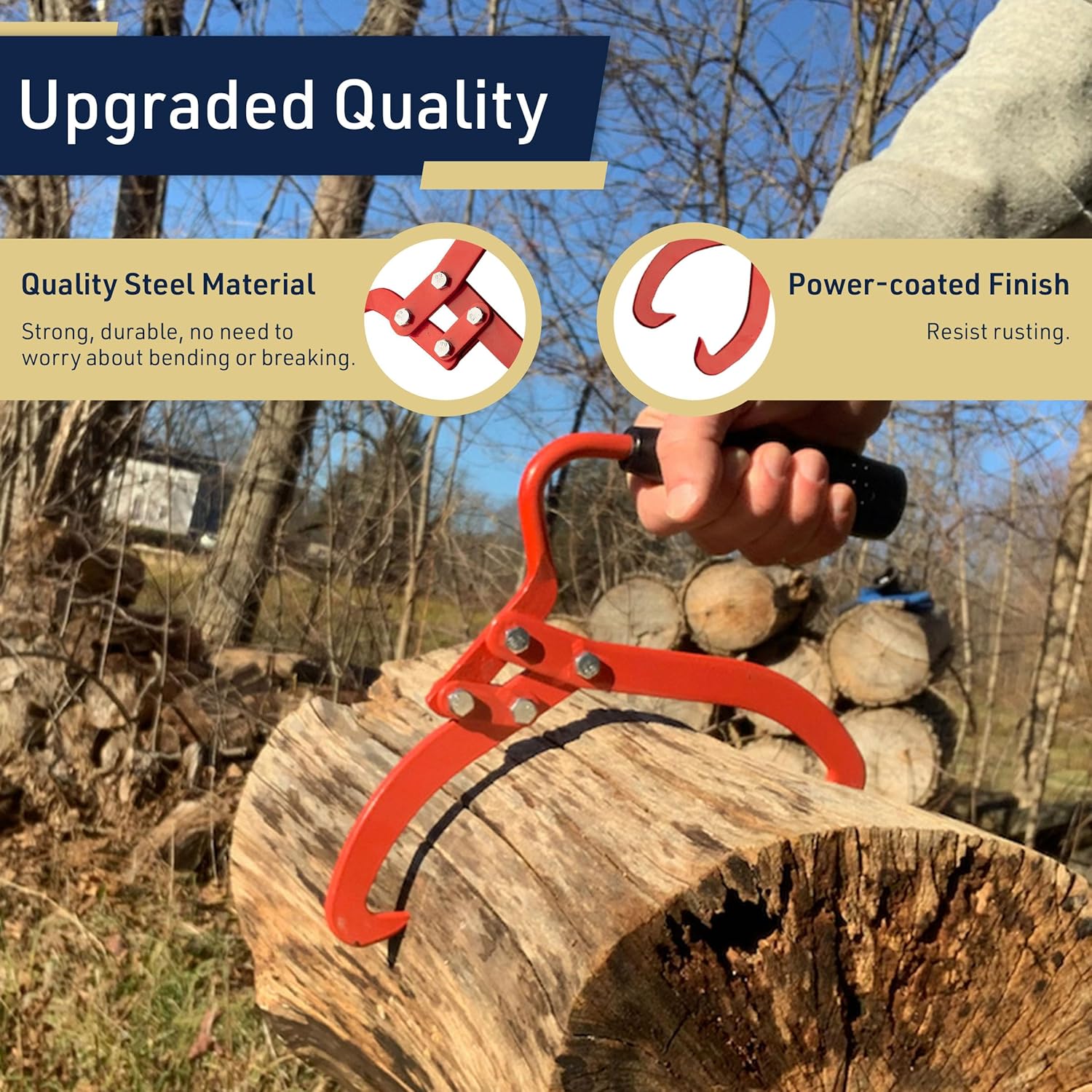 Kings County Tools Log Tongs - One-Handed Skidding Tongs with 6.75” Claw Opening and Non-Slip Grip - Fireplace Tongs Log Grabber for Fire Pit, Campfire Tongs, or Lifting Firewood - Logging Tools