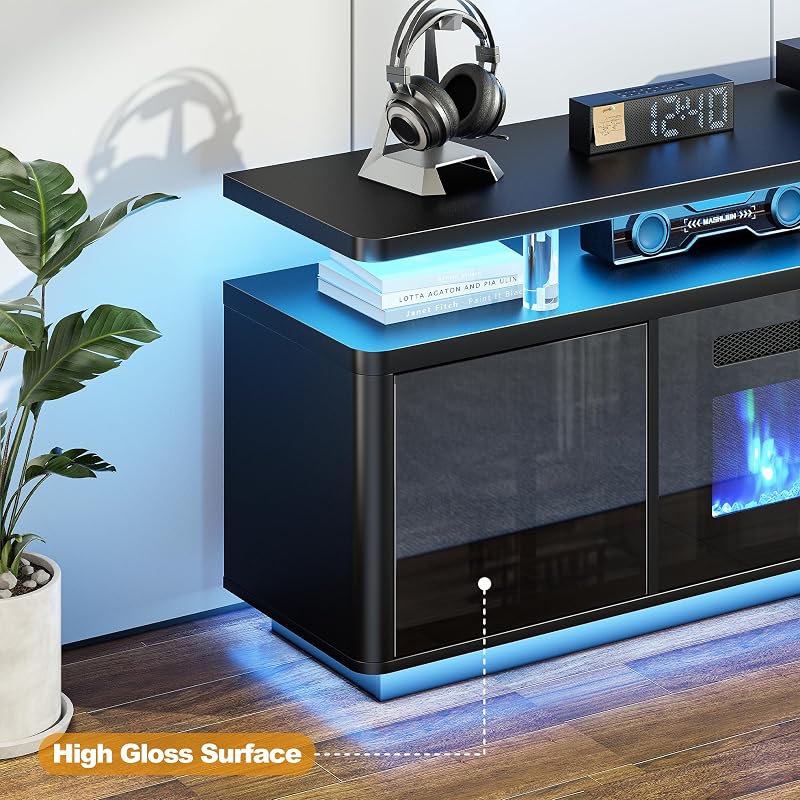 70" Fireplace TV Stand with Double LED Lights for TVs UP to 80", Electric Fireplace Entertainment Center with Storage Cabinets, TV Console for Living Room, Black image 7