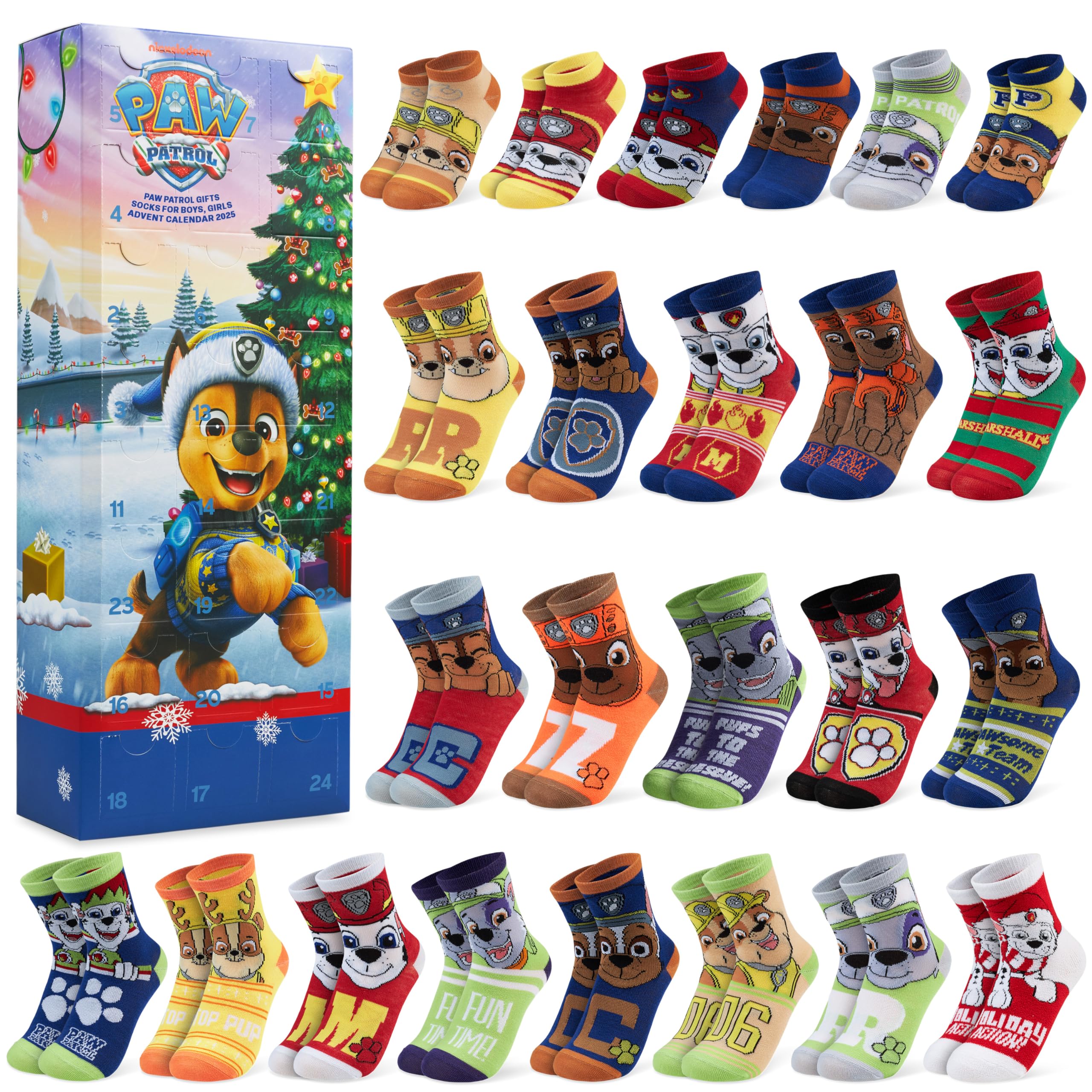 Get Trend Pat Patrouille Chase Calendrier de l'Avent 2026 à 24 Chaussettes | EU 27 à 31, Chaussettes Fantaisie, Doux et Respirant, Compte à Rebours avant Noël, Cadeau Enfants et Ados (Multi Chase)
