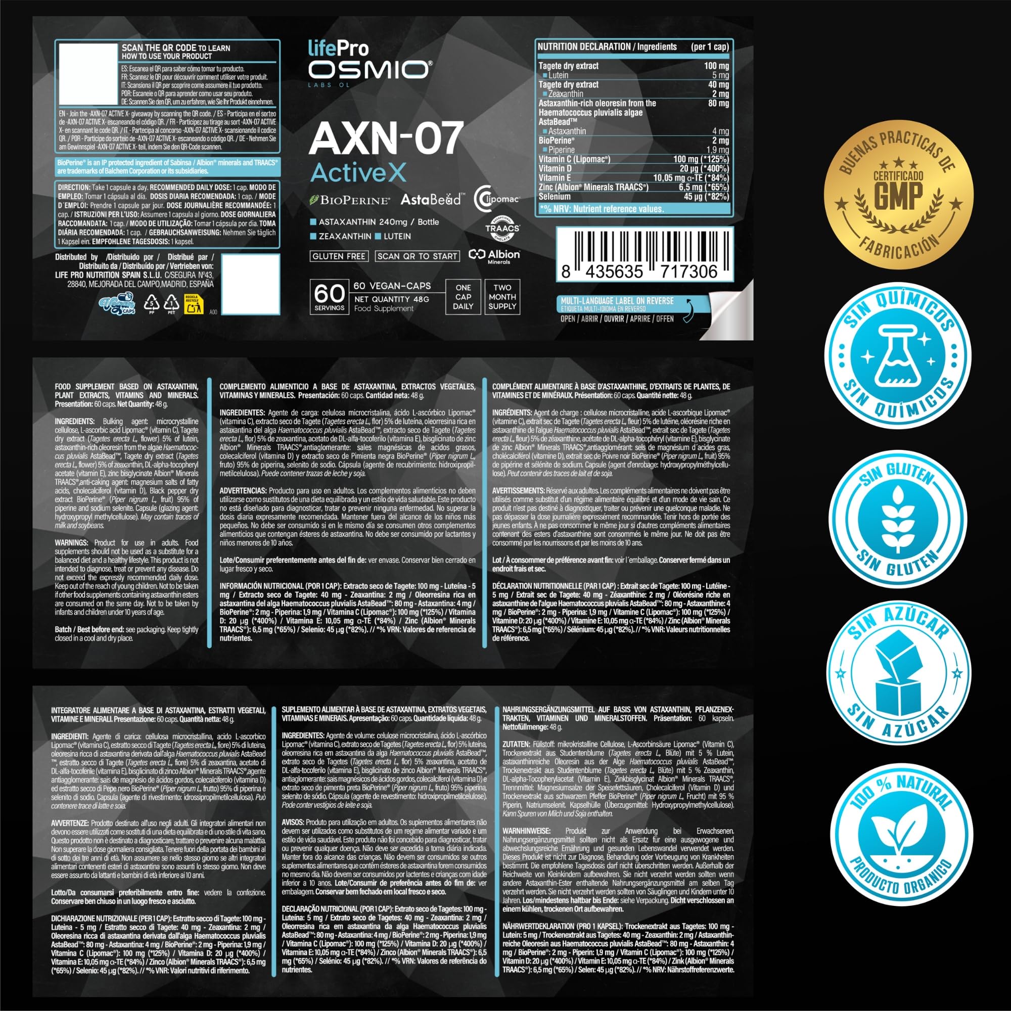 Life Pro Osmium Astaxanthin Axn-07-60 Vegancaps - Integratore di astaxantina con luteina, zeaxantina, vitamine e minerali per una dieta vegana