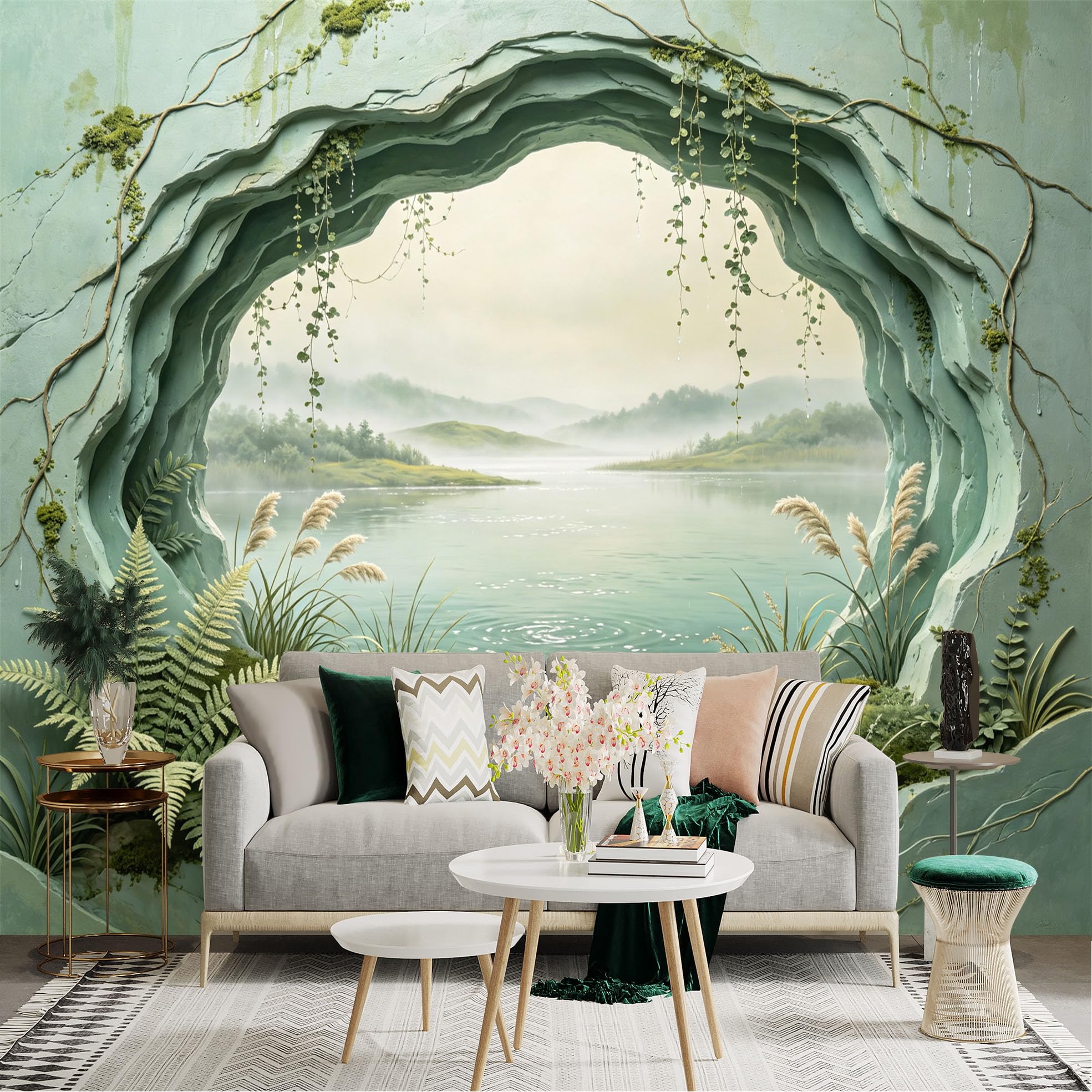 Custom Size Wall Sticker Mural， Misty Lake View with Green Hills， Ferns and Stone Cave， for wall Decoration， peelandstick wall Decals.